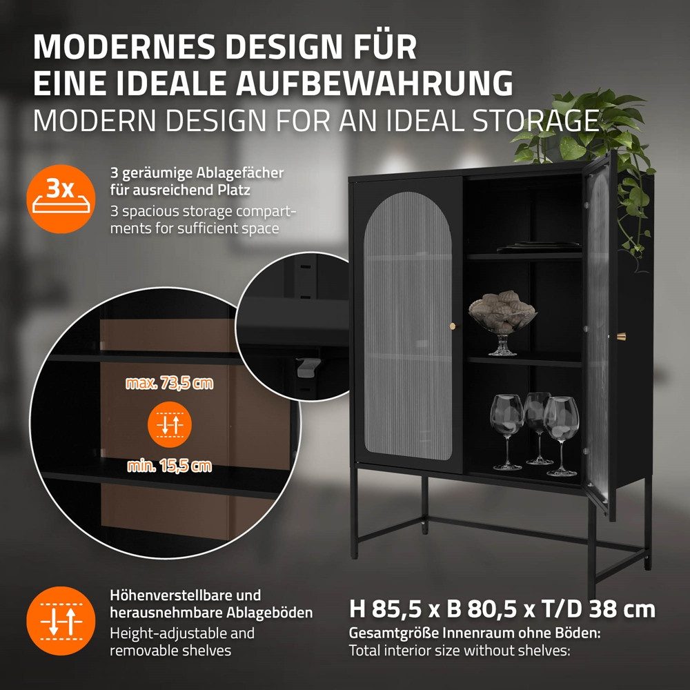 ML-DESIGN Vitrine Buffet Küchenschrank Vitrinenschrank Stahl Standvitrine mit Stauraum Wohnzimmer Hochschrank Standschrank Stahlschrank Kommode Bücherschrank – Bild 3 von 5