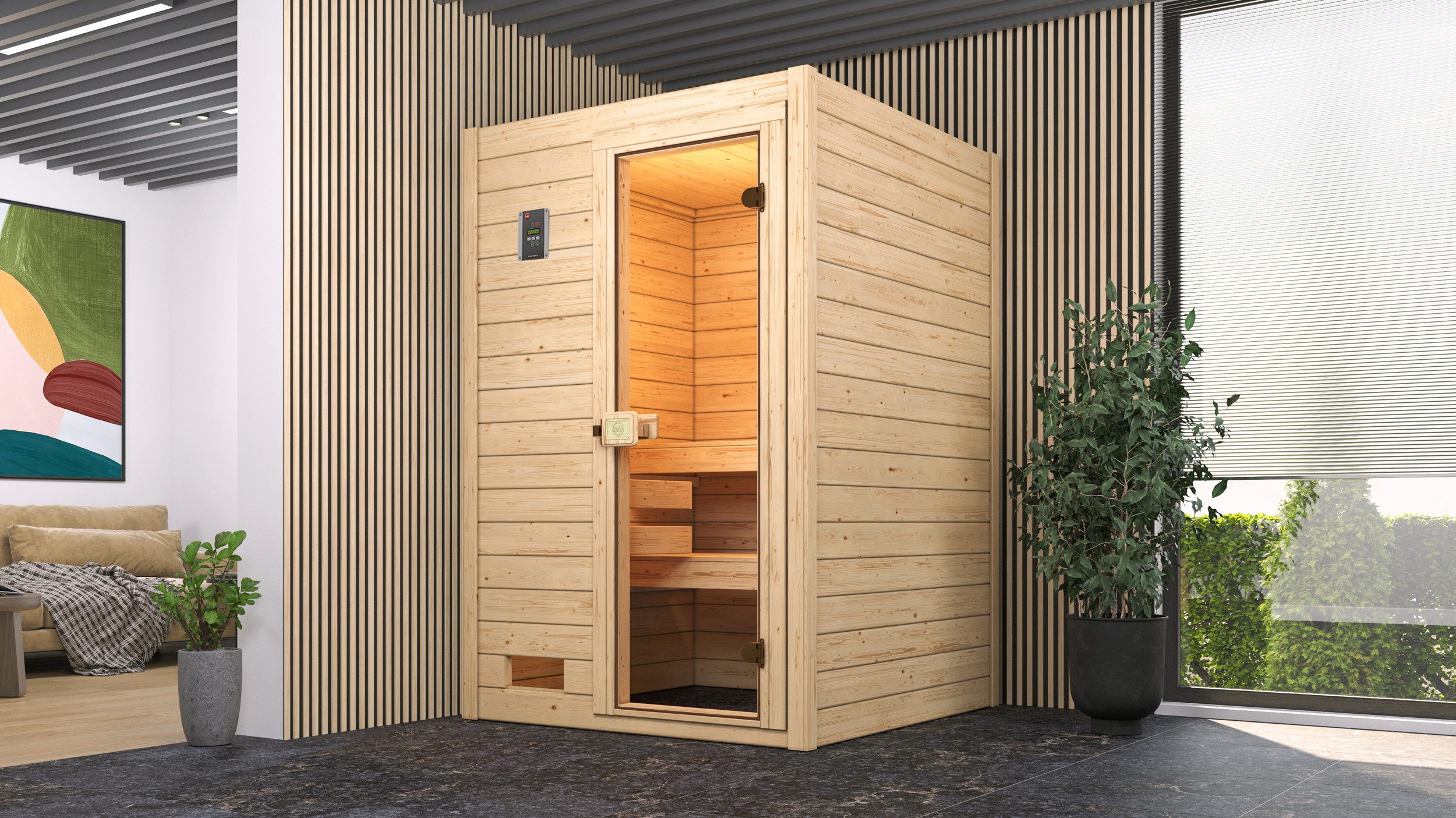 weka Sauna Massivholzsauna VALIDA 1, BxTxH: 139 x 139 x 203,5 cm, 38 mm, Blockbohlen, moderne Ganzglastür