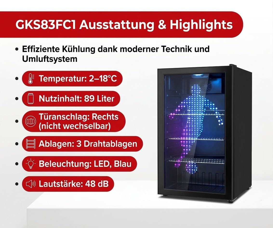 PKM Getränkekühlschrank GKS83FC1 GKS83FC1, 83 cm hoch, 44.5 cm breit, 90 Liter LED Motiv Touch Control Display