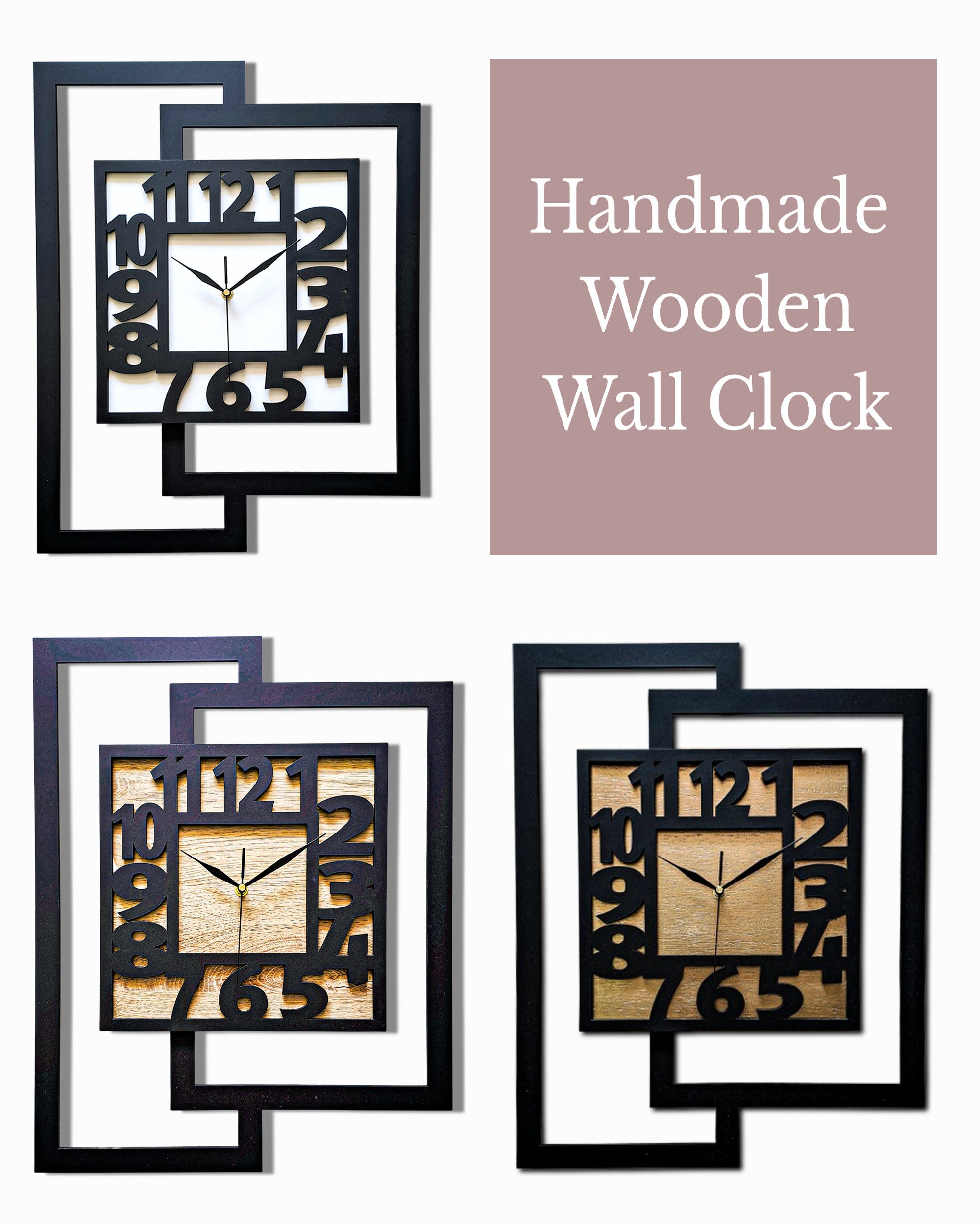 ORNAMENTI Wanduhr Große handgefertigte,moderne aus Holz, Hingucker,44 x 56 cm (Rechteckig vertikal, ohne Tickgeräusche für Wohnzimmer lesbare Ziffern) – Bild 4 von 5