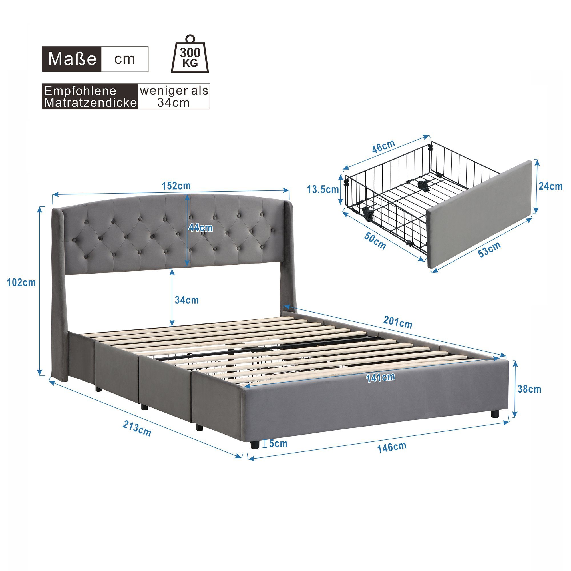 Fangqi Kinderbett, Doppelbett, Schubladen 4 mit Polsterbett (spar-set, Bettschubladen, 140x200cm Lattenrost mit Gästebett, vier Bett), Polsterbett Jugendbett, Lattenrost und europäisches Samt Doppelbett und