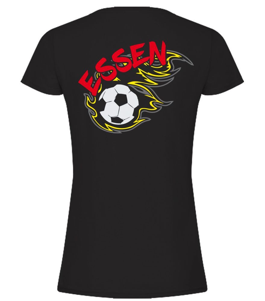 G-graphics T-Shirt Essen in flames – Feuer-Fussball – mit Front- & Backprint Slim-fit Damen T-Shirt mit einem Motiv für den echten Fan