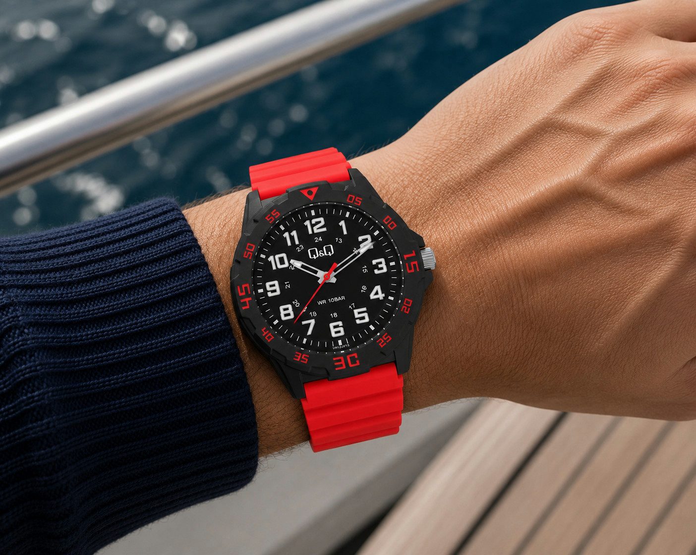 Q&Q Quarzuhr VR18J013Y Schwarz Rot Resinband 43 mm 10 ATM