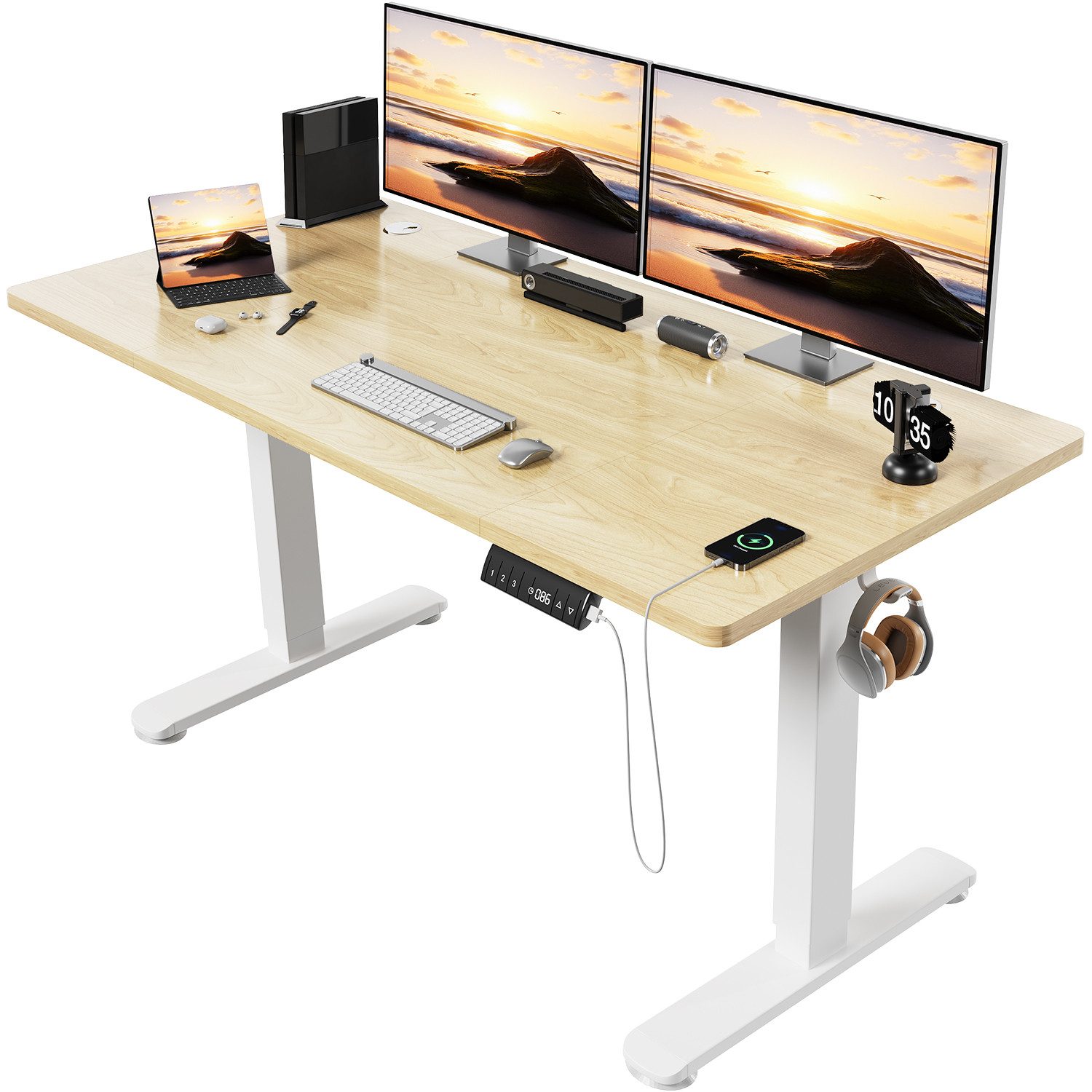 HOMALL Schreibtisch Höhenverstellbarer Elektrisch Schreibtisch, Vierteilige Tischplatte (GroBe MaBe: 140 x 70 cm, 160/180 x 80 cm mit USB-Ladeanschluss, in 3 Stufen hoherverstellbar)