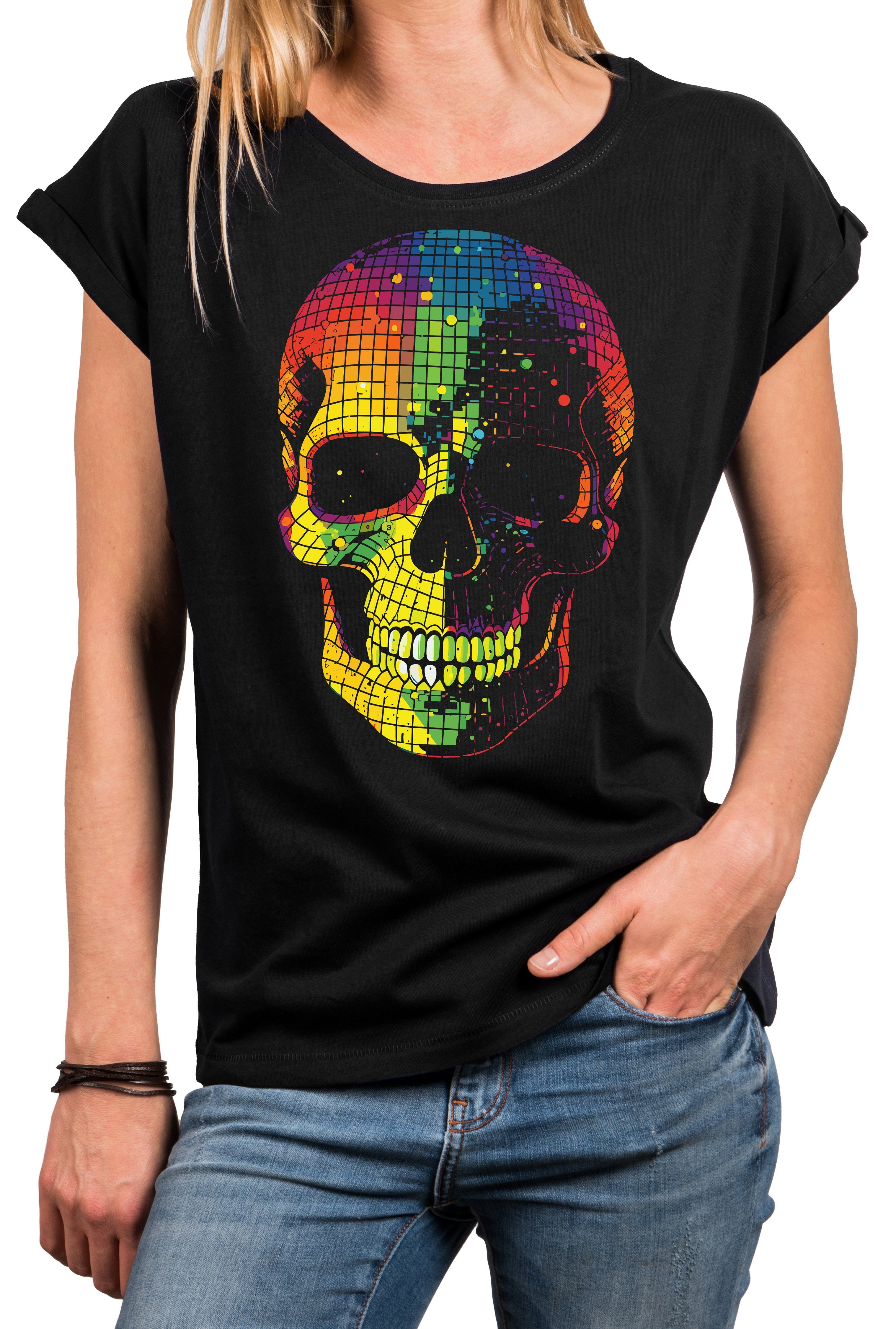 Baumwolle Print-Shirt Skull Damen Sommer Motiv rockige MAKAYA Oberteile Top Kurzarmshirt, Totenkopf Disco Kurzarm