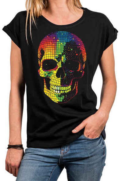MAKAYA Print-Shirt Damen Skull Kurzarm Disco Top Totenkopf Motiv rockige Sommer Oberteile Kurzarmshirt, Baumwolle