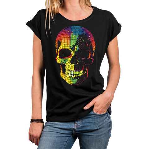 MAKAYA Print-Shirt Damen Skull Kurzarm Disco Top Totenkopf Motiv rockige Sommer Oberteile Kurzarmshirt, Baumwolle