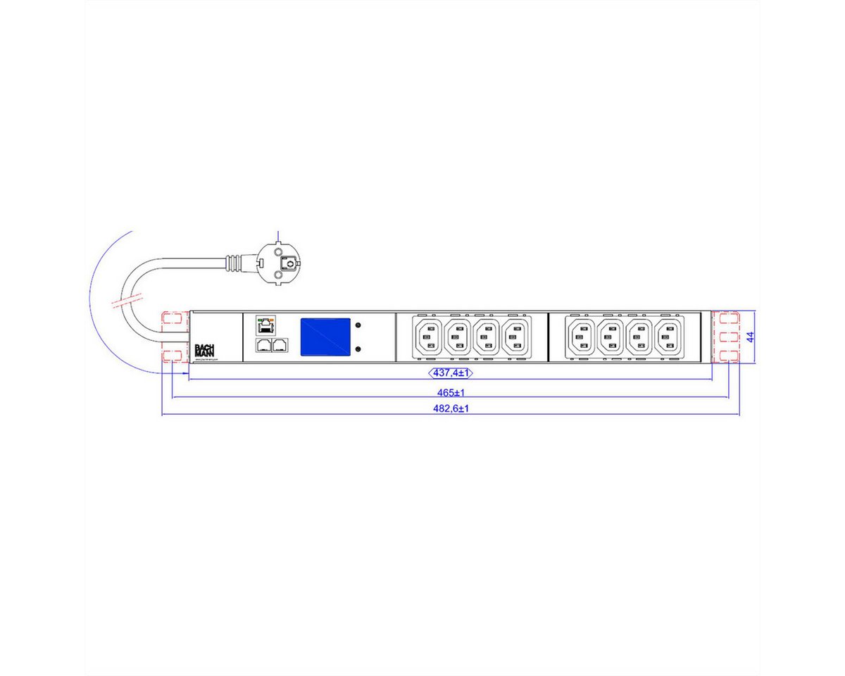 Thumbnail - Bachmann 19 Zoll 1HE BN2000 8xC13 Steckdosenleiste (Kabellänge 2 m), TCP/IP Strom 2,0m CEE7/7