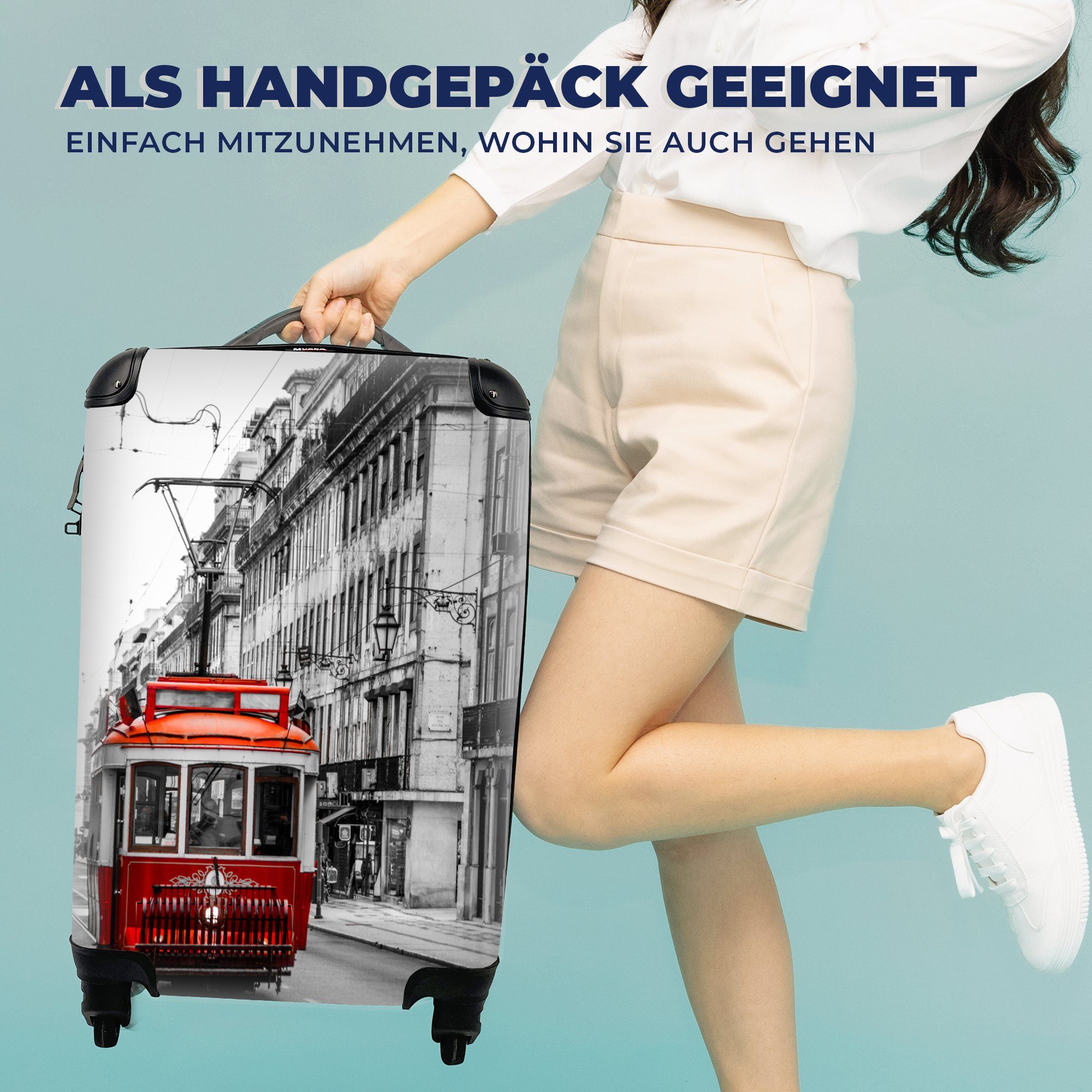 Zuges, Reisekoffer mit Handgepäck für 4 alten rollen, Rollen, Trolley, MuchoWow Schwarz-Weiß-Foto Handgepäckkoffer Reisetasche eines roten Ferien,