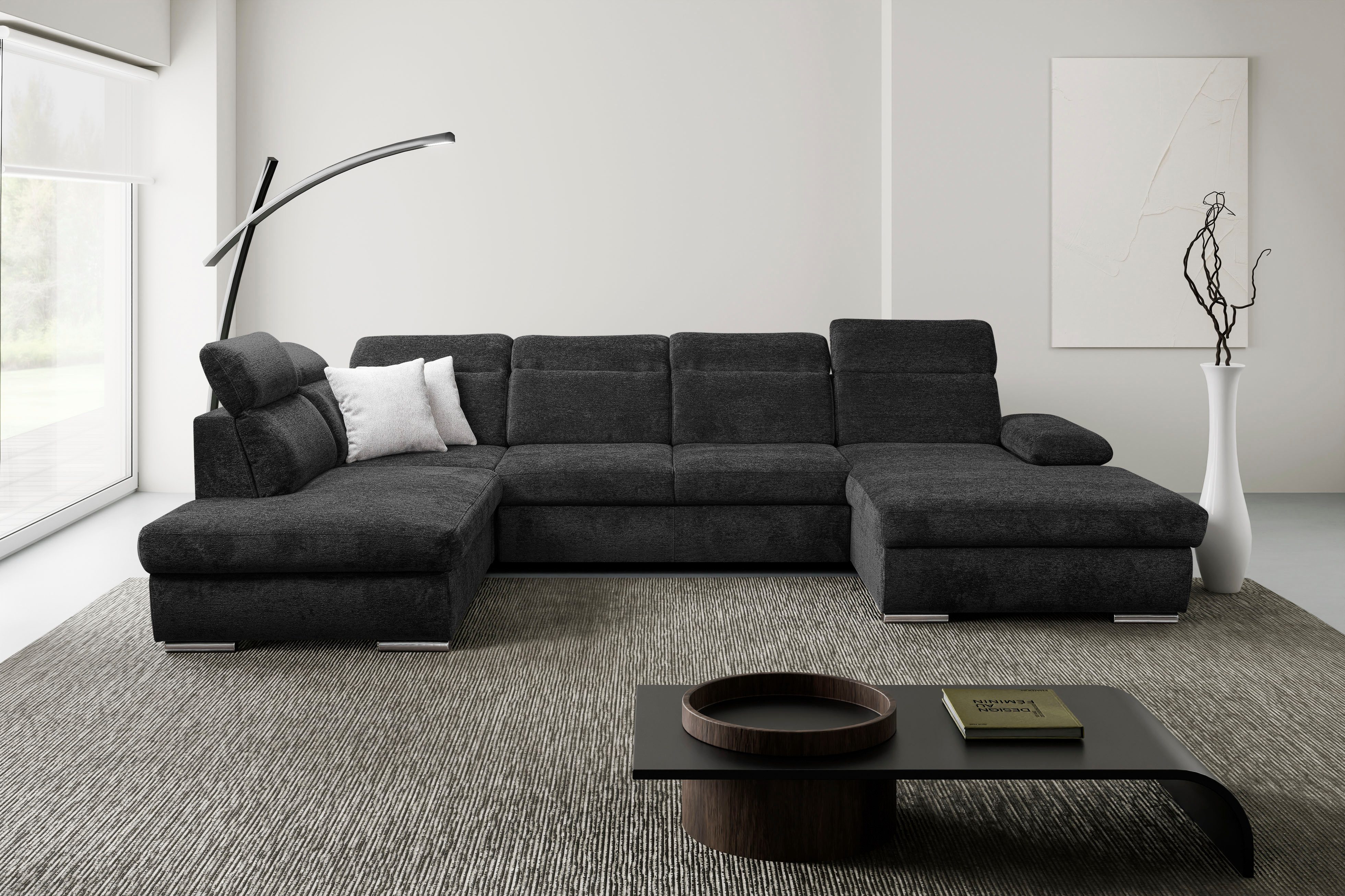 WERK2 Wohnlandschaft Cordoba 359 x 232 cm inkl. Bett modern und bequem, Struktur weich, U-Form, XXL, Schlaffunktion, Bettkasten