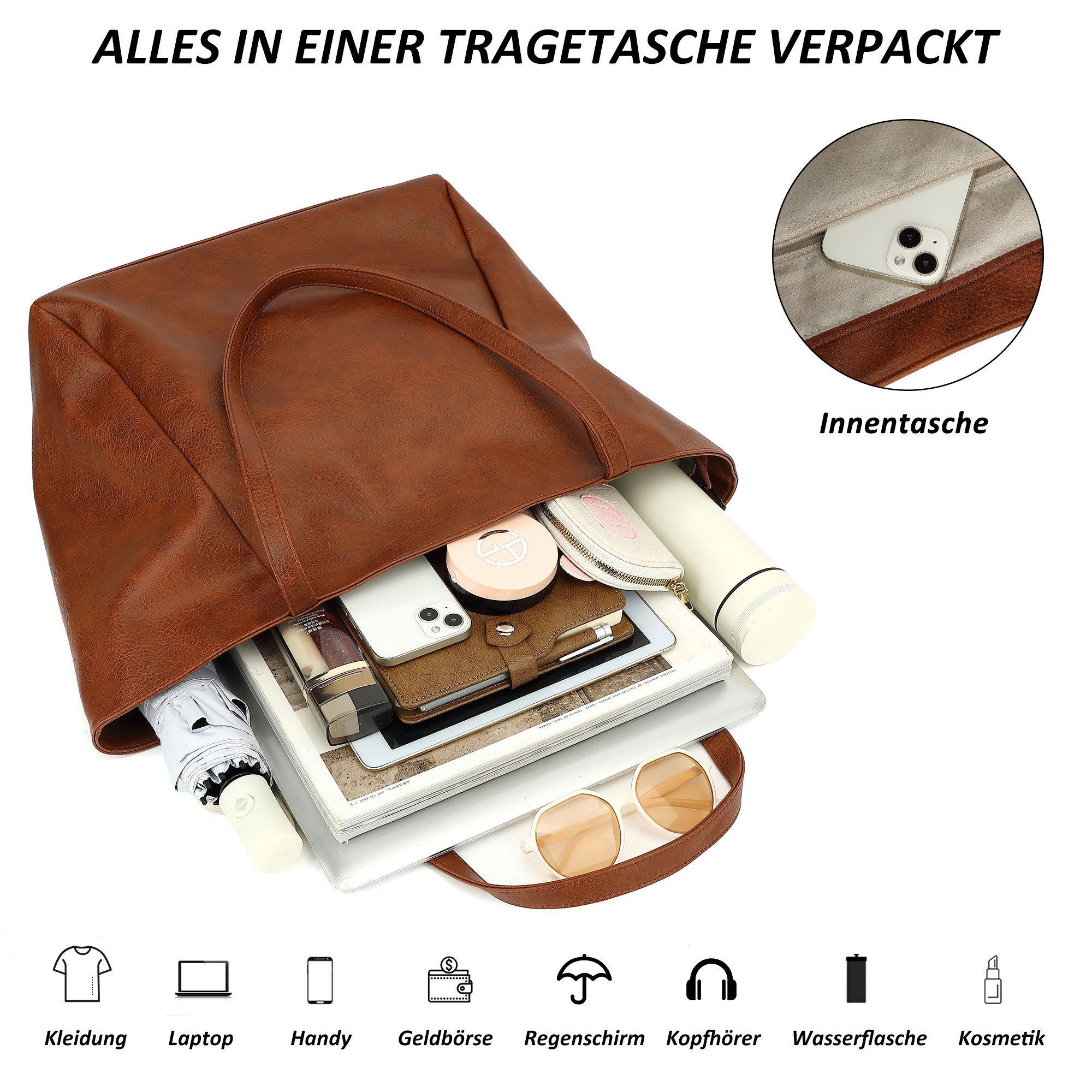 TAN.TOMI Schultertasche Umhängetasche Shopper Bag mit Reißverschluss, Mit Innentaschen, dekorative Anhänger für Arbeit Einkauf Reisen – Bild 3 von 5
