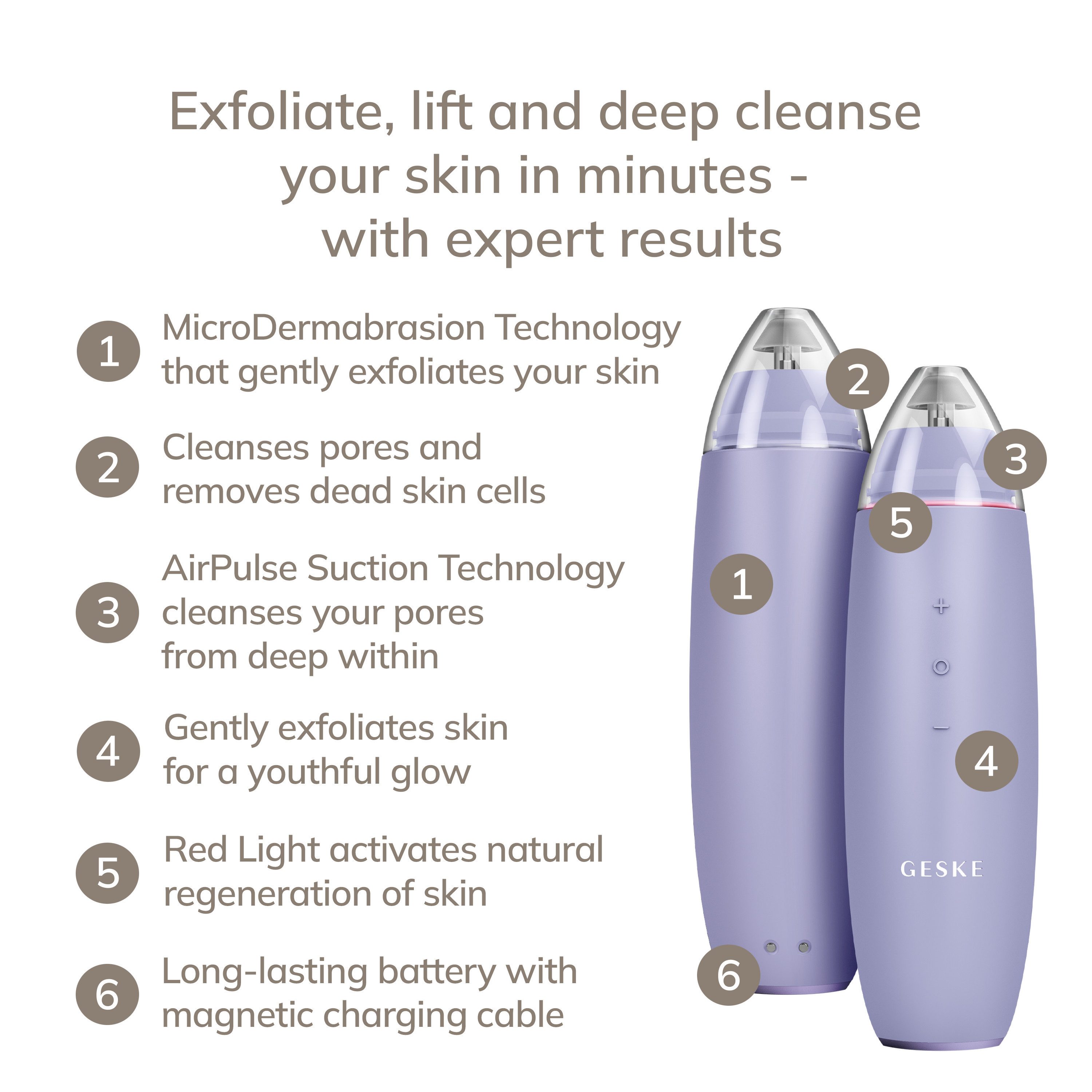 GESKE German Beauty Tech Mikrodermabrasionsgerät SmartAppGuided™ MicroDermabrasion Blackhead Remover 7 in 1, Packung (Gerät & USB-Ladekabel), 17-tlg., Gerät inkl. kostenloser APP (SmartAppGuided Device), Mit der GESKE App erhältst Du deine personalisierte Hautpflegeroutine.