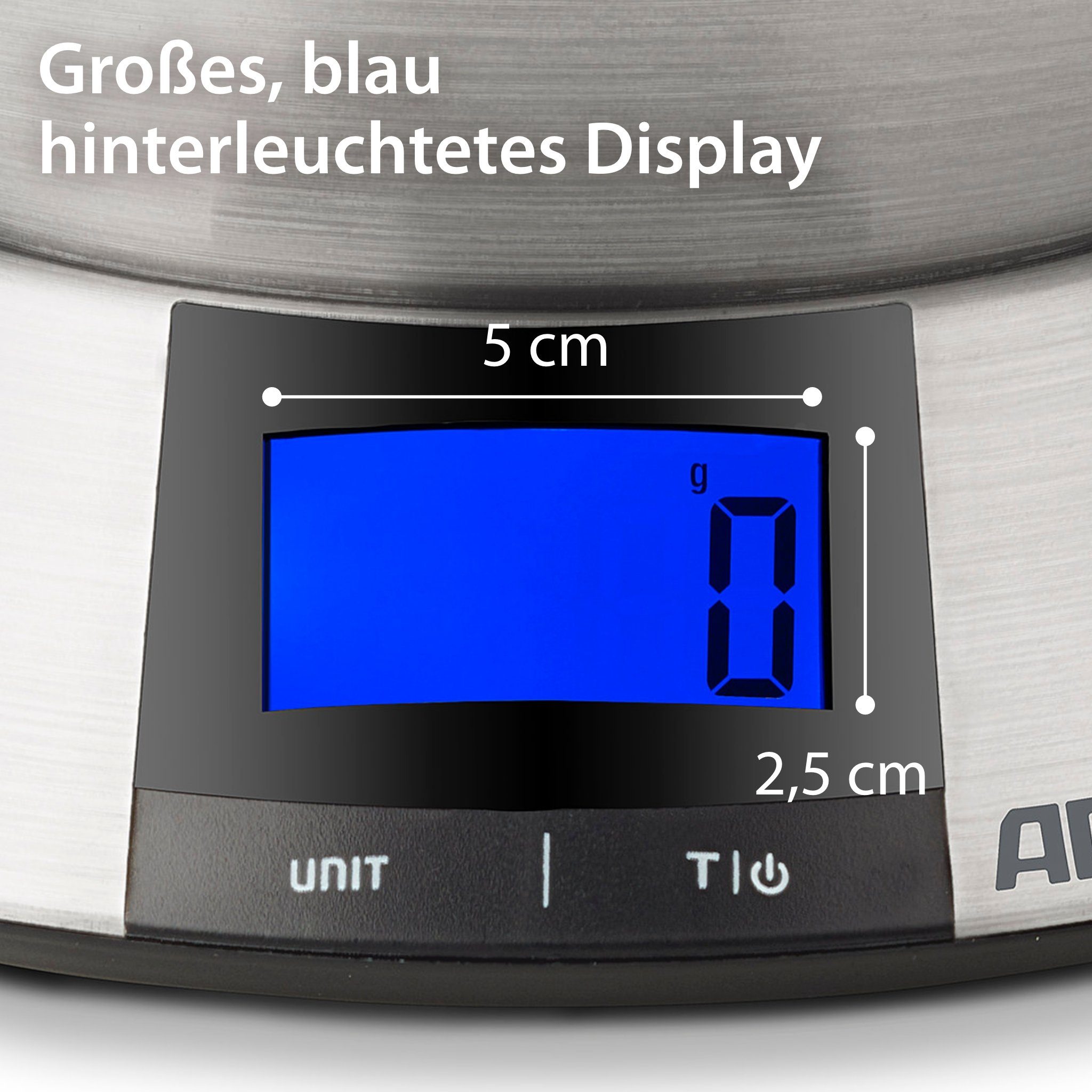 ADE Schüsselwaage mit Mehrzweckschüssel und LCD-Display, abnehmbare Edelstahlschale mit Literskala, großes Display, bis 5 kg