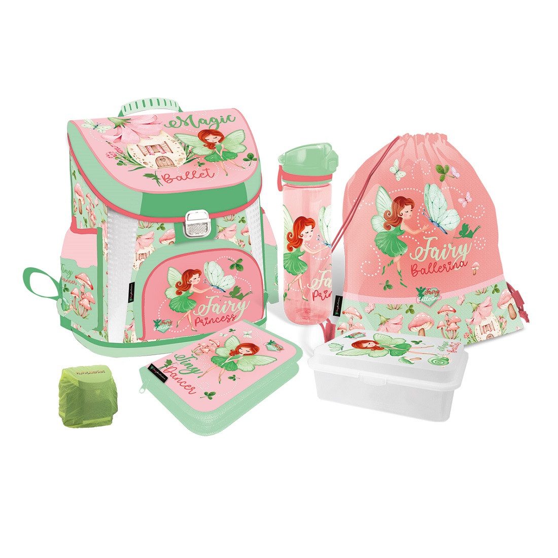 Familando Schulranzen MAGIC BALLERINA (Set, 6-tlg., inkl. Federmäppchen und Turnbeutel), Schultasche 1. Klasse für Mädchen in Rosa / Pink Hellgrün