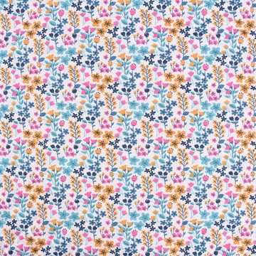 SCHÖNER LEBEN. Stoff Steppstoff Baumwolle beidseitig Blumen Sträucher weiß pink bunt 1,4m
