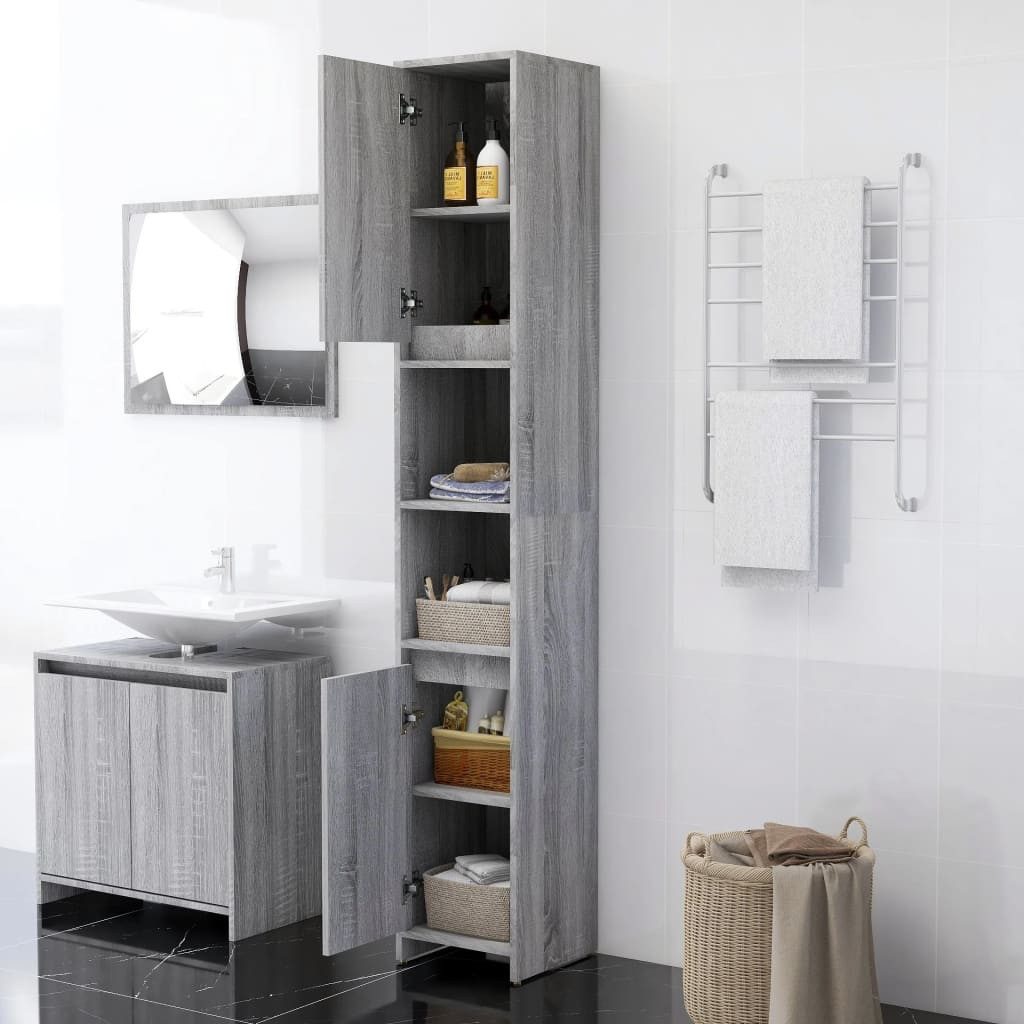 furnicato Badkommode Badezimmerschrank Grau Sonoma 30x30x183,5 cm aus Holzwerkstoff, Badregal mit 6 Fächern, 2 Türen und inkludierten Wandhalterungen
