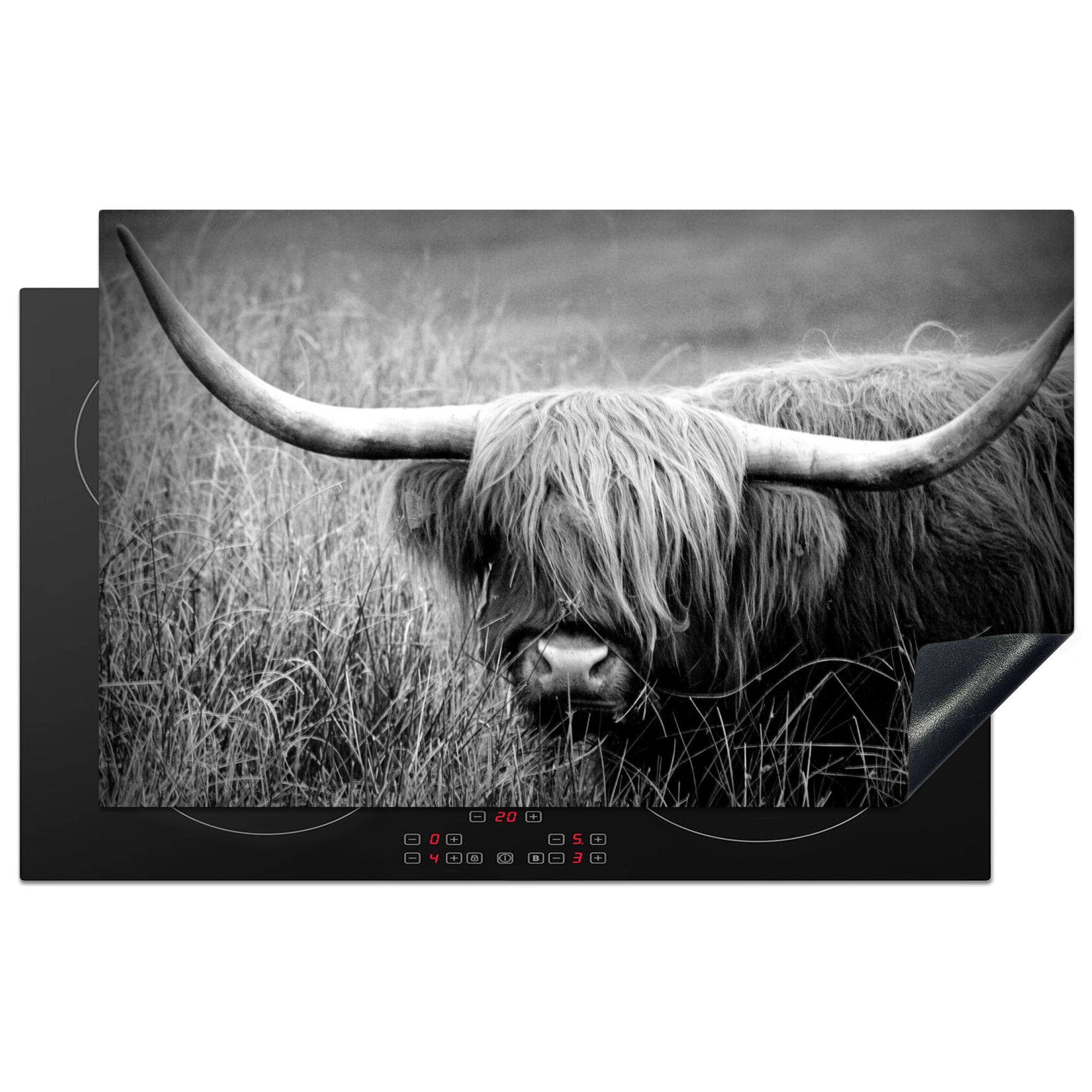 MuchoWow Herdblende-/Abdeckplatte Schottischer Highlander im Gras - schwarz und weiß, Vinyl, (1 tlg), 83x51 cm, Ceranfeldabdeckung, Arbeitsplatte für küche
