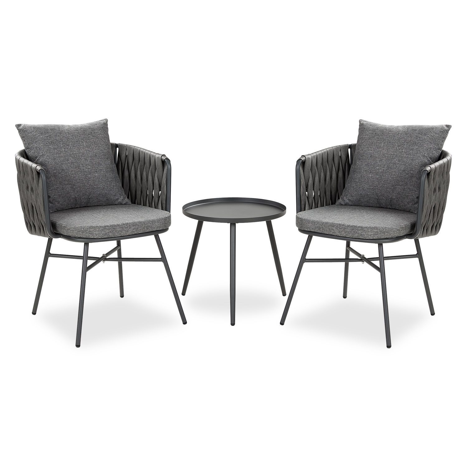 Homestyle4u Gartenlounge-Set Tisch 2 Stühle Gartenmöbel Rattan Grau Gartenstuhl Balkonmöbel Sitzgru, (3-teilig, 2 Sessel + Tisch, Kissen, 3-tlg., 2 Stühle), wetterfest, für Terrasse, mit Sitzkissen und Rückenkissen