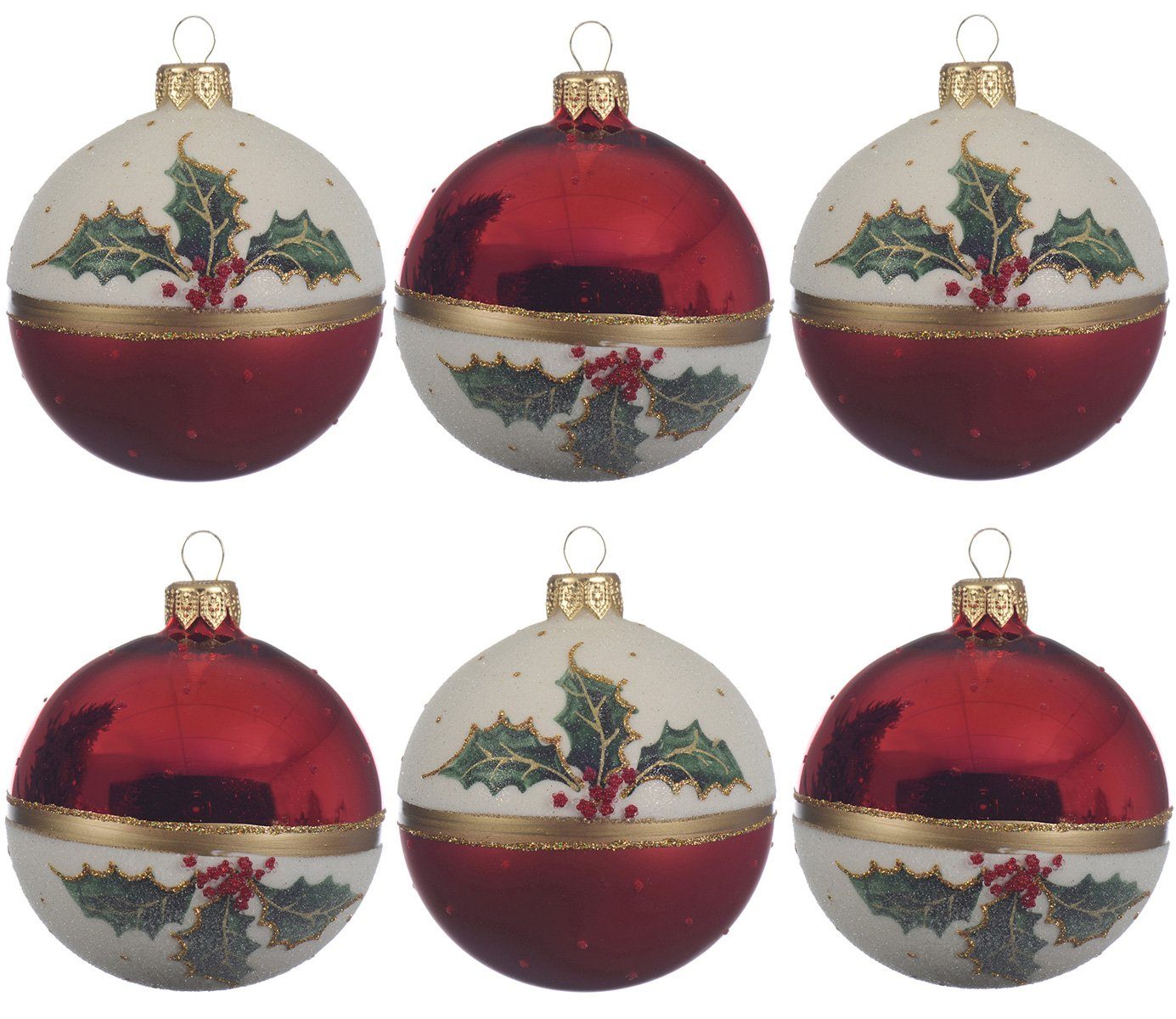 Decoris season decorations Weihnachtsbaumkugel, Weihnachtskugeln Glas mit Motiv Mistelzweige 8cm rot / weiß, 6er Set