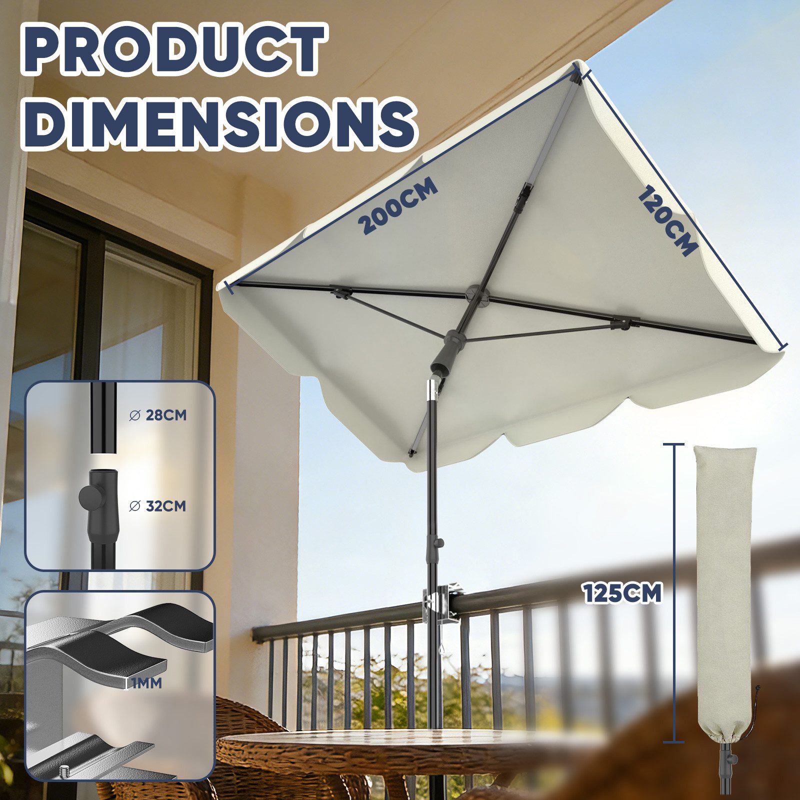 Huracan Balkonschirm Klemmbarer Balkonschirm Ohne Ständer, Rechteckig Neigbar 45°, Sonnenschirm Balkon mit UV-Schutz & Rostbeständig