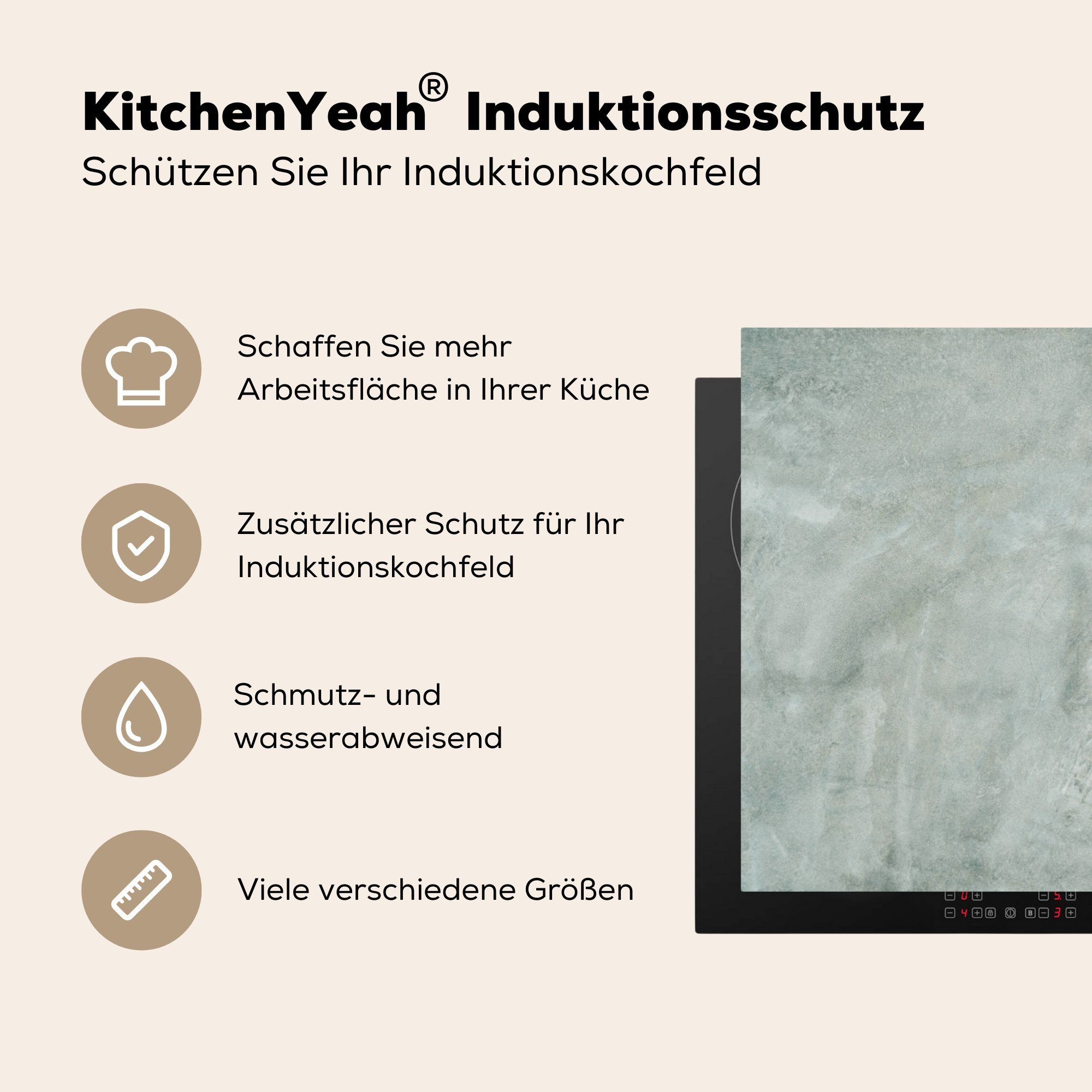 MuchoWow Herdblende-/Abdeckplatte Gelb tlg), für Grau die Schutz - - Beton, Vinyl, 81x52 Induktionskochfeld Weiß küche, Ceranfeldabdeckung - (1 cm