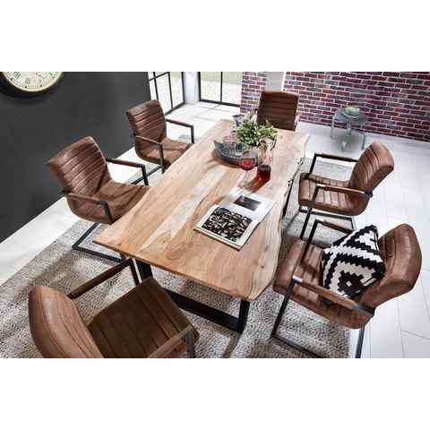 SAM® Baumkantentisch Sonja (Packung 2, 1 Tisch und 1 Gestell), massives Akazienholz, natürliche Baumkante, Metallgestell U-Form