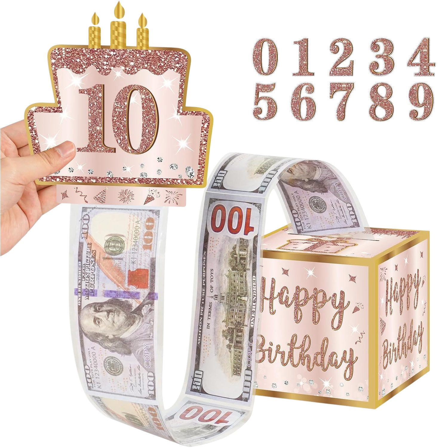 Refttenw Geschenkbox DIY Geldgeschenke Happy Birthday Geschenkbox, mit 50stk Plastiktüten u. 3D Geburtstag Grußkarten