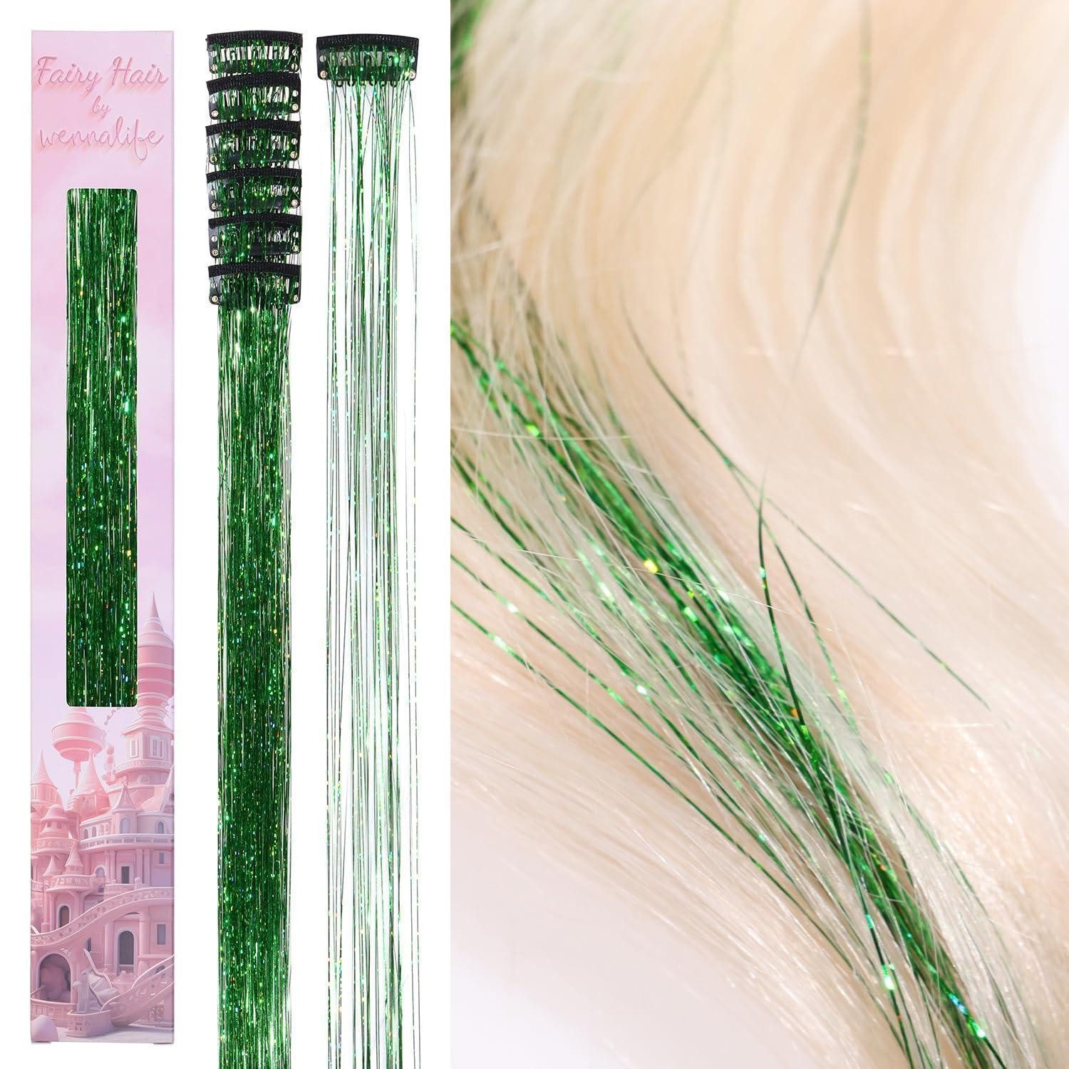 LuxusKollektion Kunsthaar-Extension Haarlametta Clip In Glitzer Haarsträhne Grün 60cm - 6 Clips C-#Grün