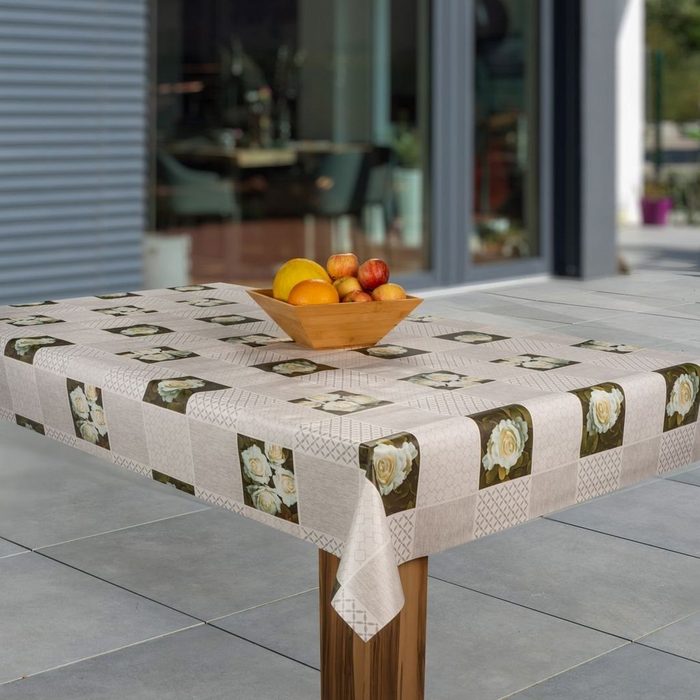 laro Tischdecke Wachstuch-Tischdecken Abwaschbar Rose weiß beige rechteckig