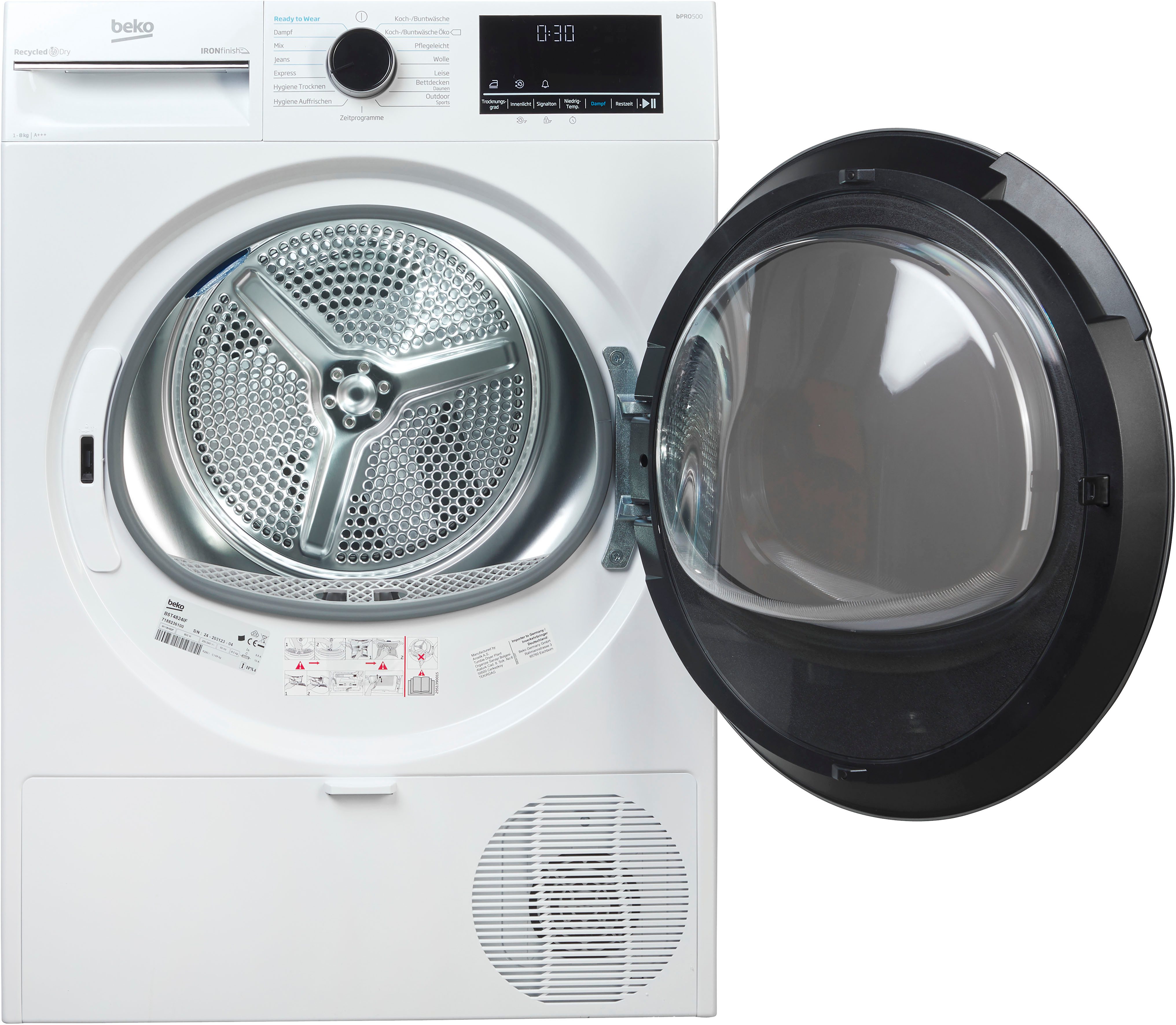 Detailansicht des BEKO Wärmepumpentrockners mit Energieeffizienzlabel