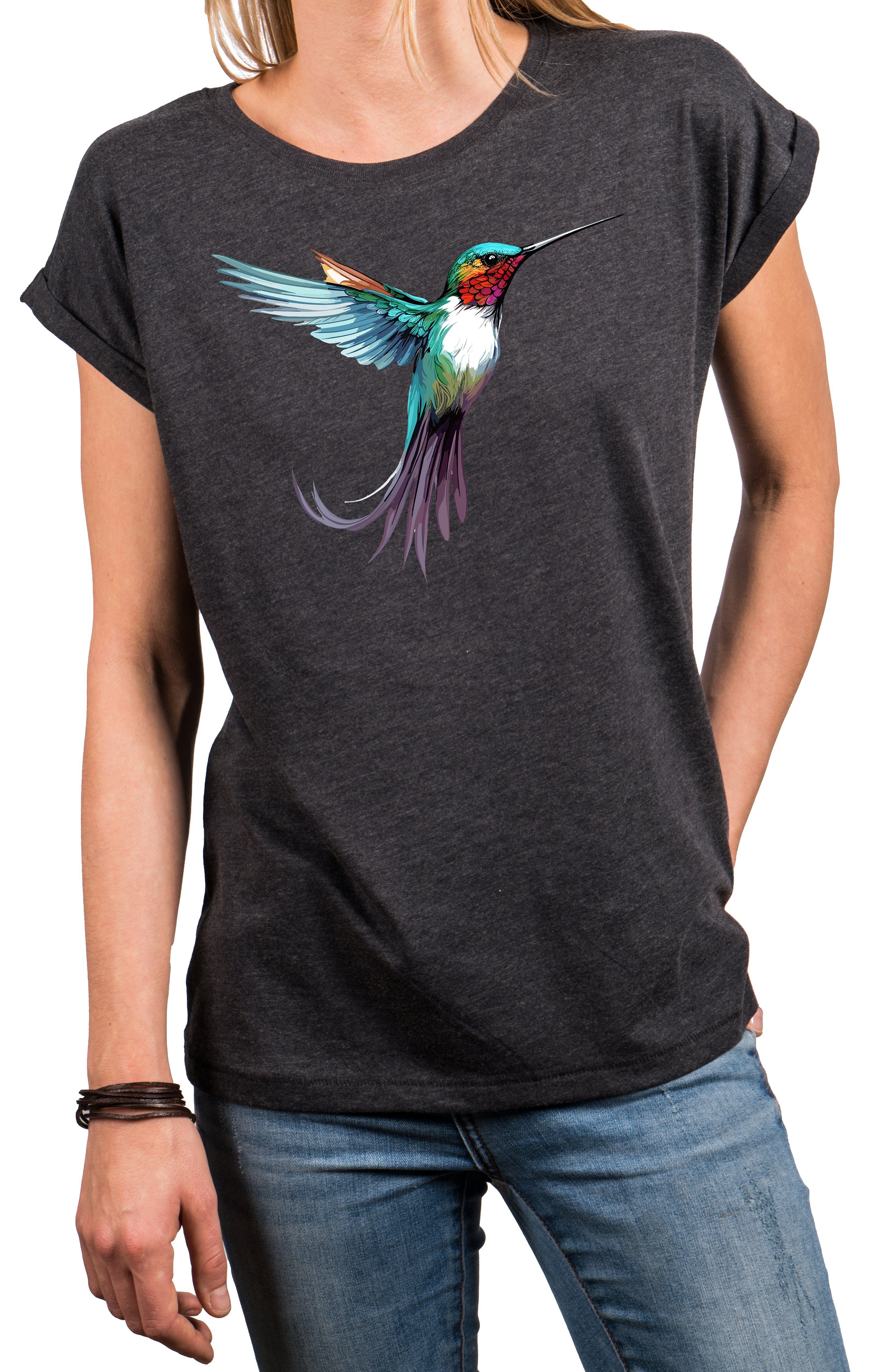 MAKAYA Print-Shirt Damen Kolibri Motiv Sommer Top Druck Vogel Kurzarmshirt Tunika Oversize, große Größen Dunkelgrau
