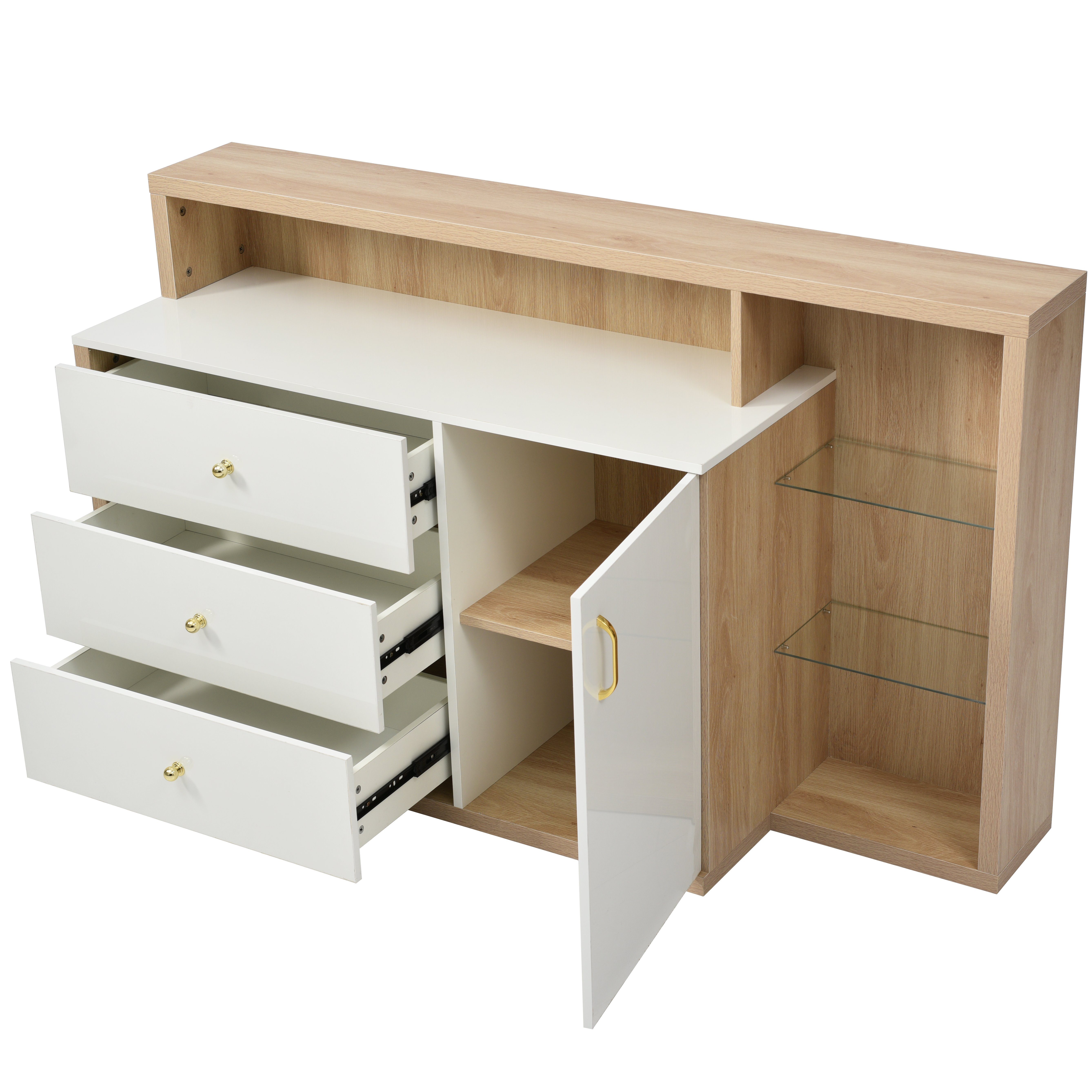 Merax Sideboard mit 3 Schubladen und Glasablagen, Anrichte mit Metallgriffe, Kommode mit großen Stauraum, Breite: 140cm