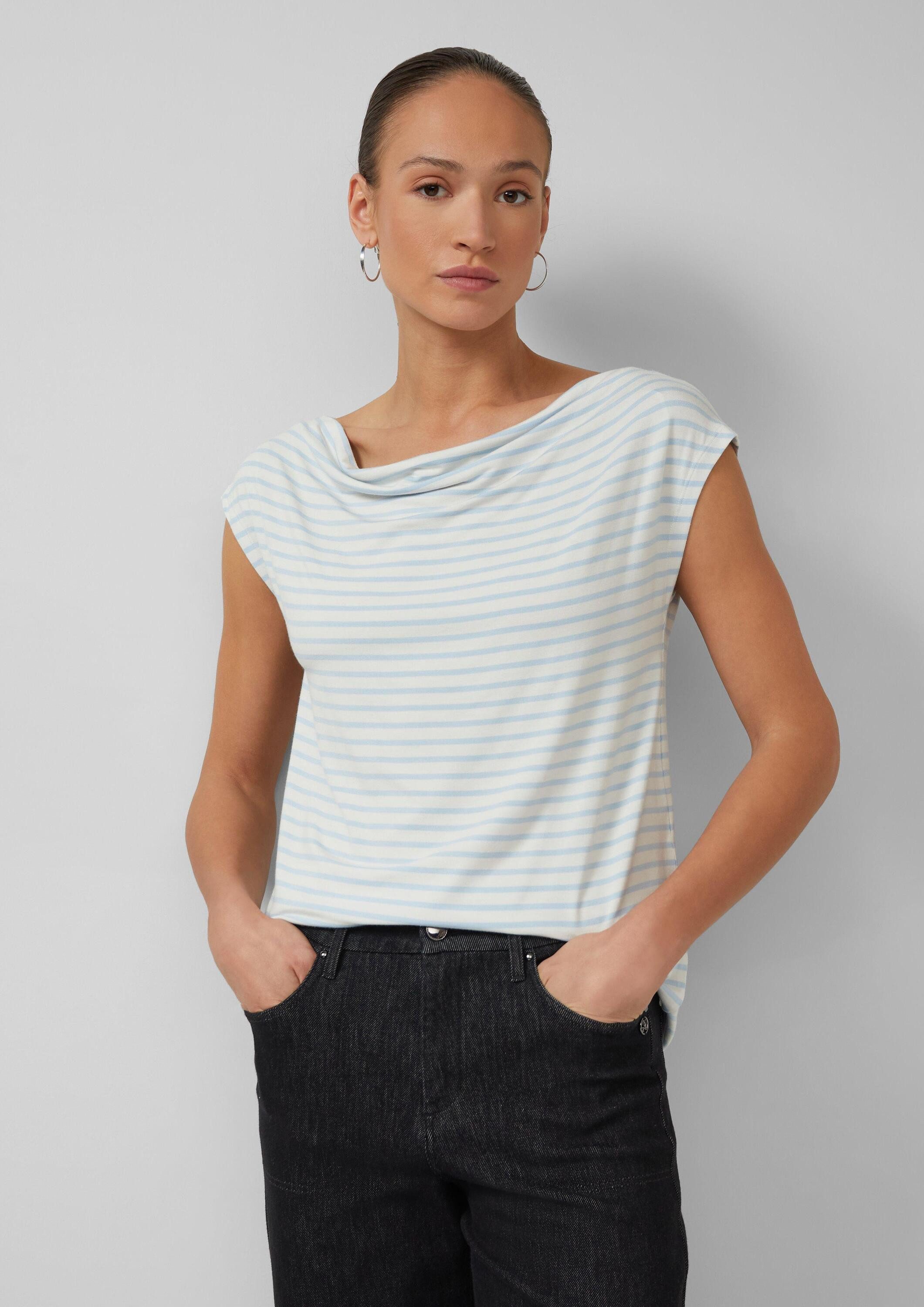 s.Oliver Kurzarmshirt T-Shirt Viskoseshirt mit Wasserfall-Ausschnitt und Streifen