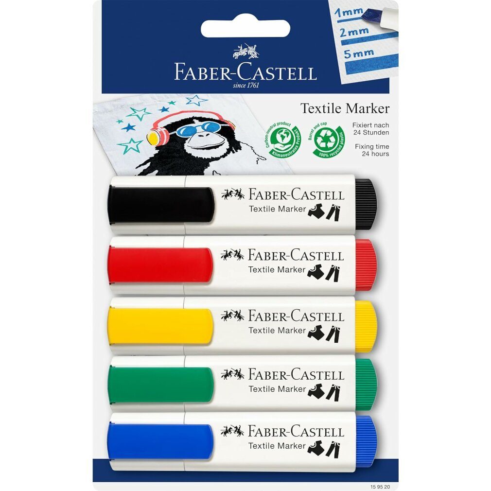 Faber-Castell Marker Textilmarker, 5 Basisfarben (Blisterkarte mit fünf Farben)