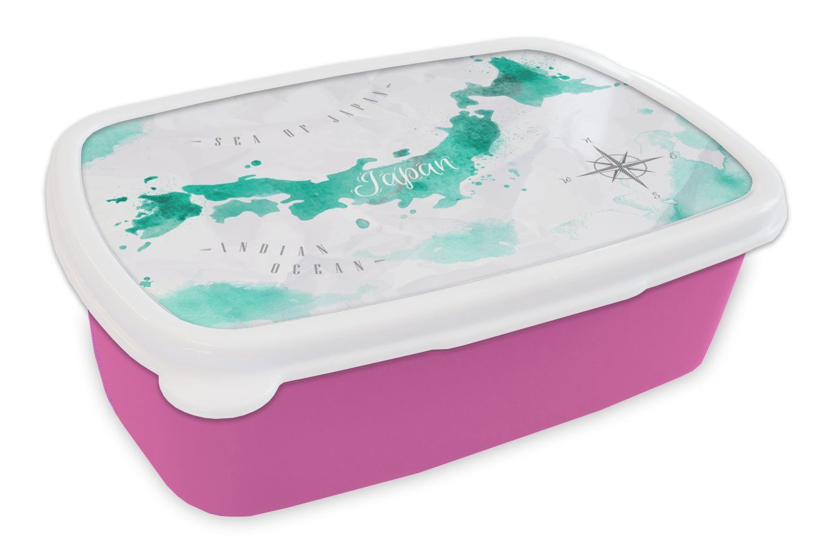 MuchoWow Lunchbox Weltkarte - Türkis - Abstrakt, Kunststoff, (2-tlg), Brotbox für Erwachsene, Brotdose Kinder, Snackbox, Mädchen, Kunststoff rosa