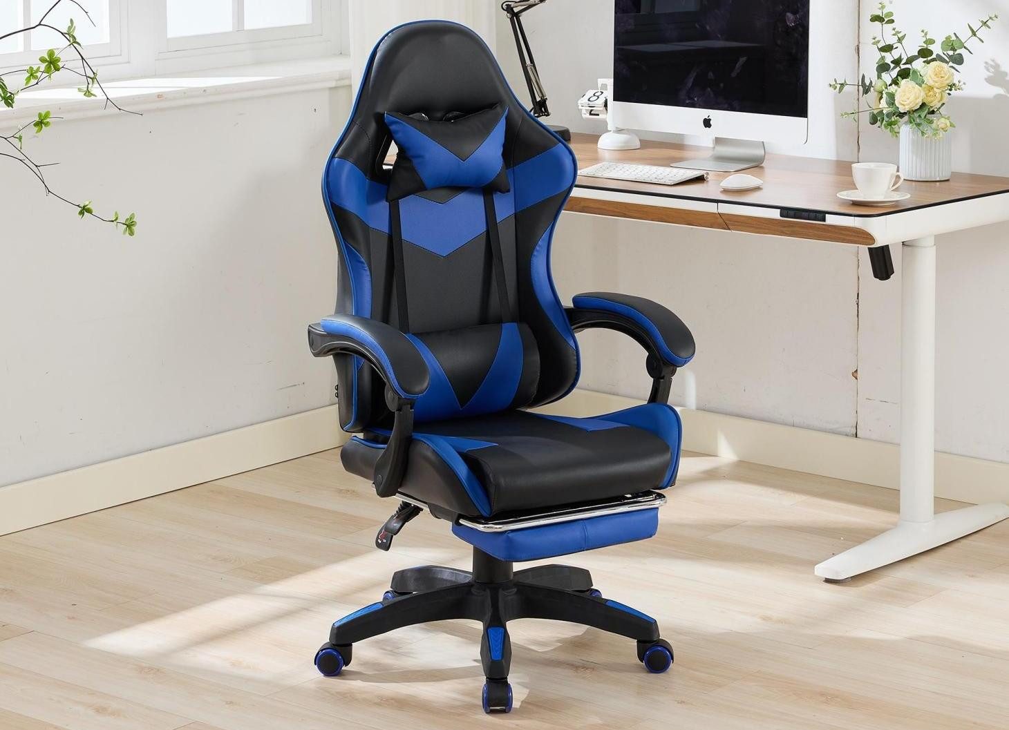 LVHOM Gaming-Stuhl ergonomischer Bürostuhl, 90°-155°Neigungsfunktion, 360°Drehung (höhenverstellbar, Gaming-Chair mit Lendenwirbelstütze, Armlehnen und Kopfstütze, komfortables Sitzkissen), 150 kg Belastbarkeit, geeignet für Büro und Gaming
