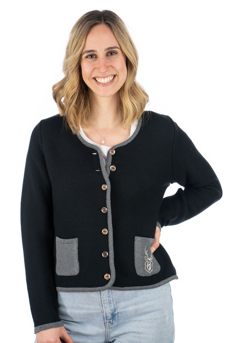 OS Trachten Strickjacke Enkeyo Trachtenjacke mit aufgesetzten Taschen, Hirsch-Stick auf linker Brust – Bild 3 von 5