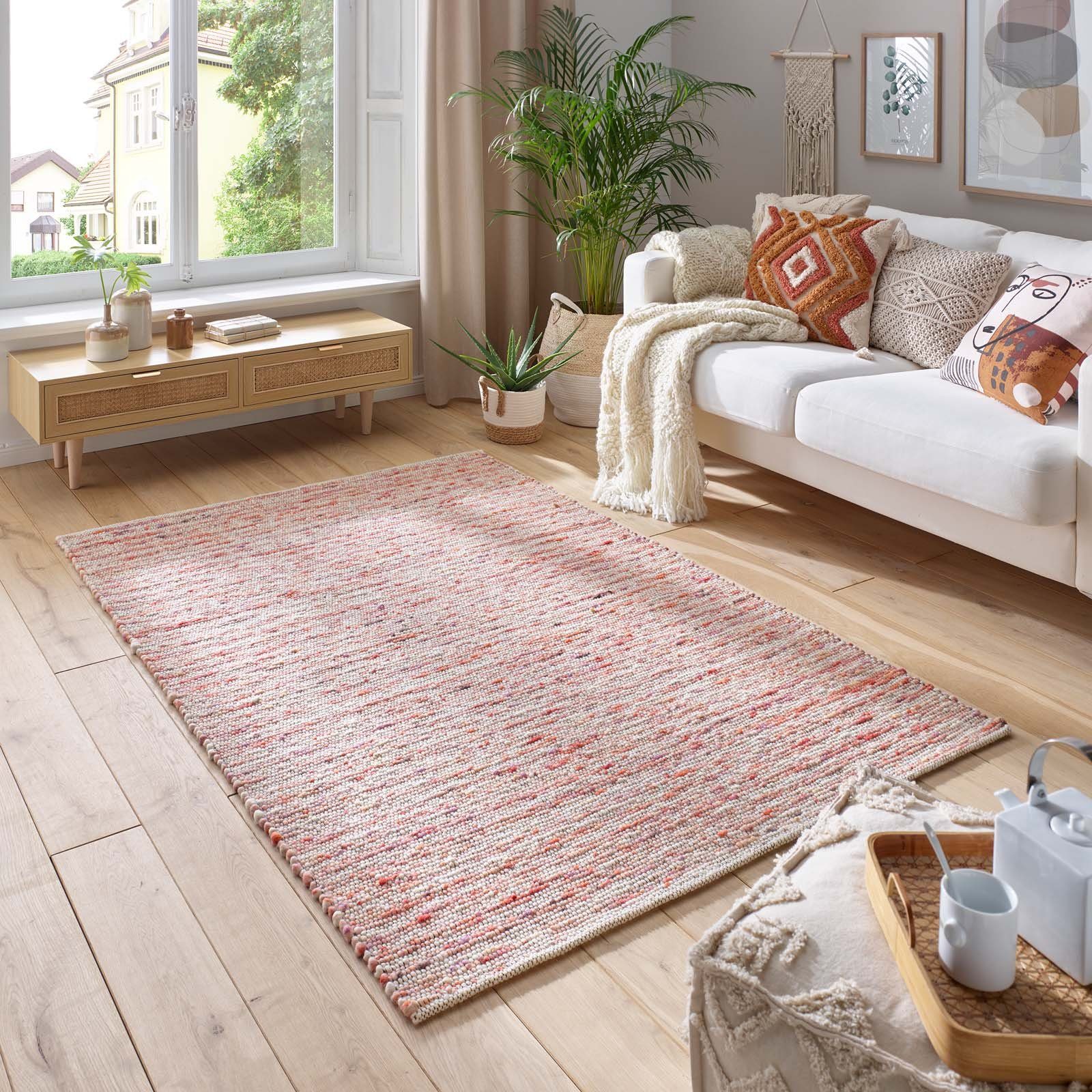 TaraCarpet Wollteppich TaraCarpet Neidenfels handgewebter Schurwollteppich mit schwarzer, rechteckig, Höhe: 9 mm, gewalkt Schurwoll-Teppich rot schwarz Wohnzimmer Schlafzimmer 070x130
