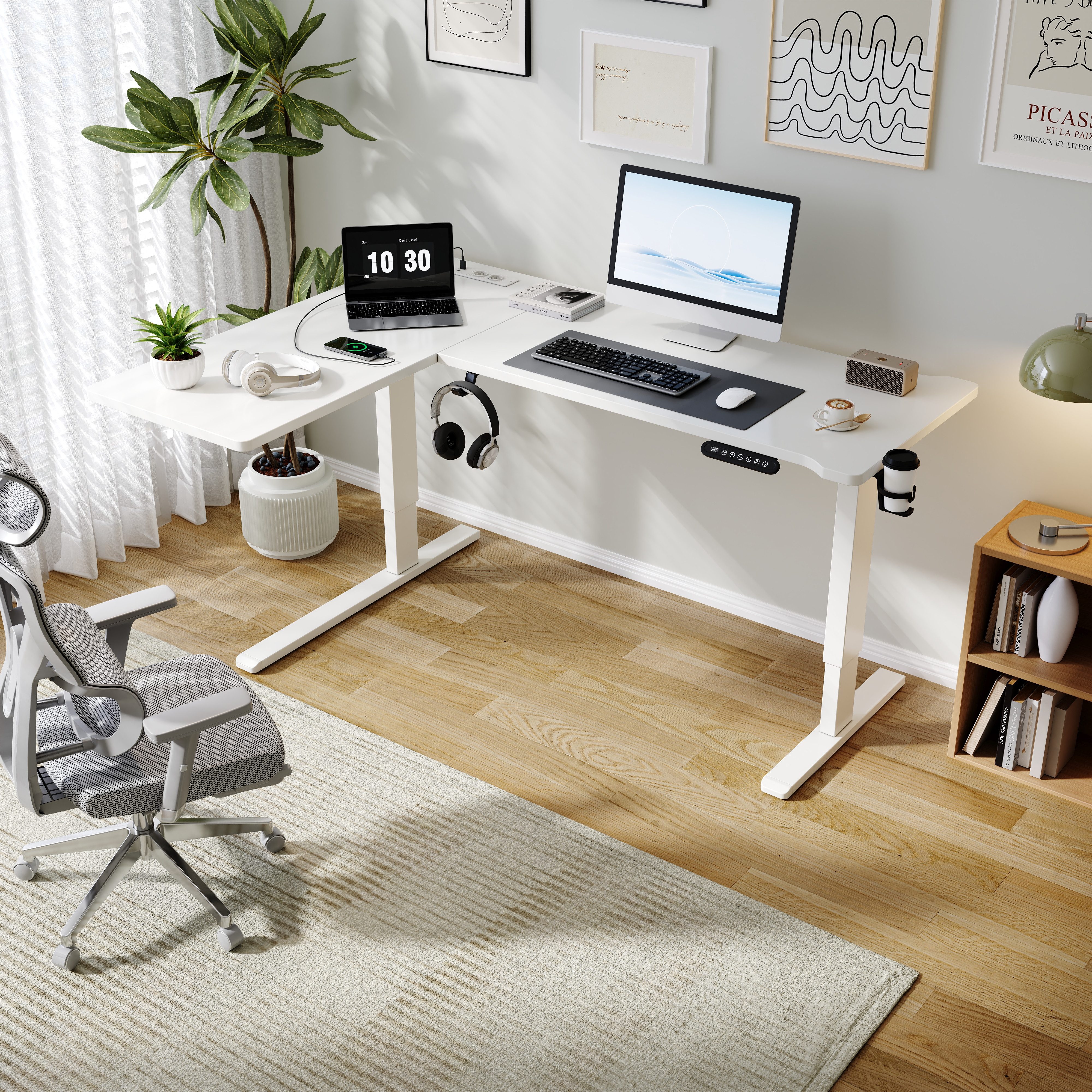 BBWL Computertisch Elektrischer höhenverstellbarer Schreibtisch mit 15 mm P2-Spanplatte (Packung, 2 AC + 2 USB Anschlüssen, Becherhalter & Kopfhörerhaken), 73–118 cm höhenverstellbar