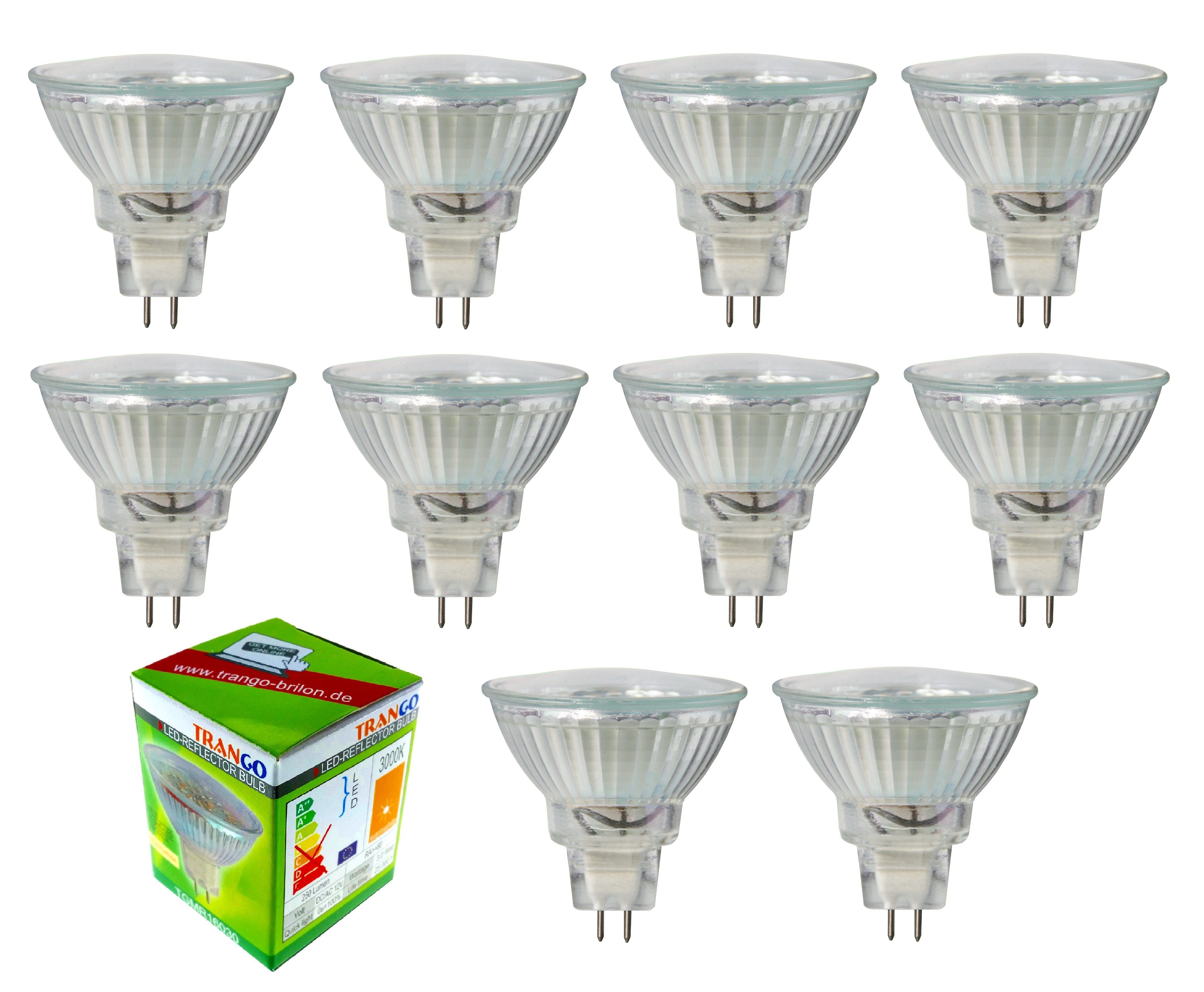 TRANGO LED-Leuchtmittel, 10er Set MR16030 LED Leuchtmittel mit MR16 Fassung zum Austausch von herkömmlichen Halogen Leuchtmittel MR16 I GU5.3 I G4 12 Volt 3000K warmweiß, 10 St., 10er Set MR16030 LED Leuchtmittel mit MR16 Fassung zum Austausch von herkömmlichen Halogen Leuchtmittel MR16 I GU5.3 I G4 12 Volt 3000K warm-weiß Glühlampe, Reflektor Lampe, LED Birnen, Glühlampe, Reflektor Lampe, LED Birnen