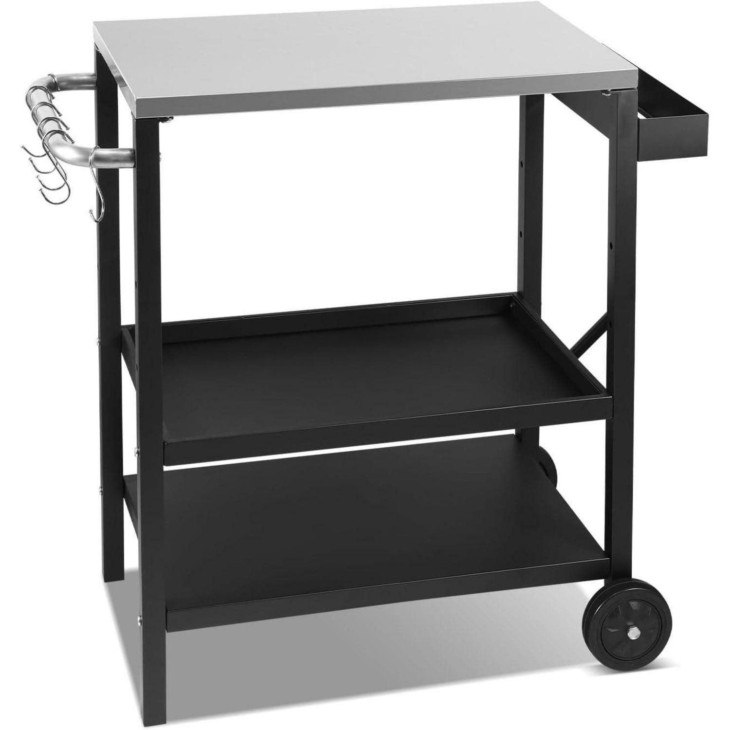 LuxusKollektion Grillablagetisch Grillwagen höhenverstellbar 3 Ablagen 6 Haken Edelstahlplatte