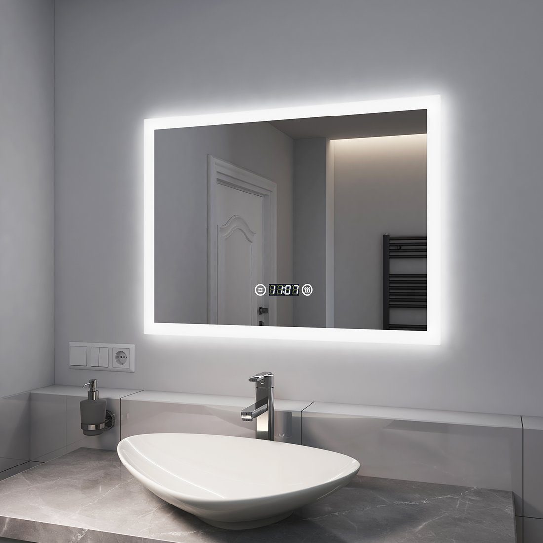 Badspiegel mit LED Uhr Beleuchtung Badspiegel Warmweißes Badezimmerspiegel Touchschalter Wandspiegel, Licht EMKE Beschlagfrei