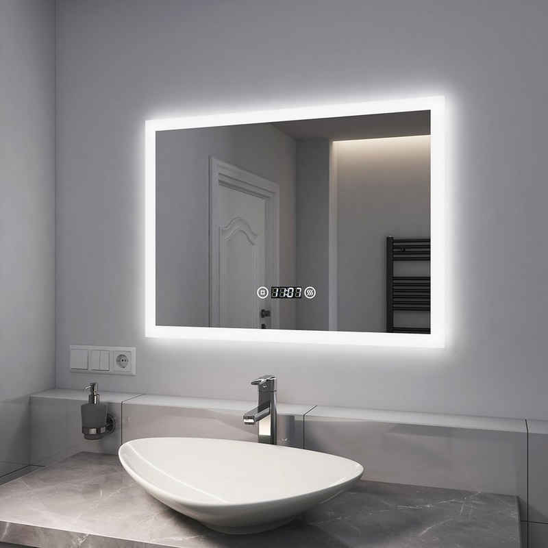 EMKE Badspiegel LED Badspiegel mit Beleuchtung Badezimmerspiegel Wandspiegel, Warmweißes Licht Beschlagfrei Uhr Touchschalter