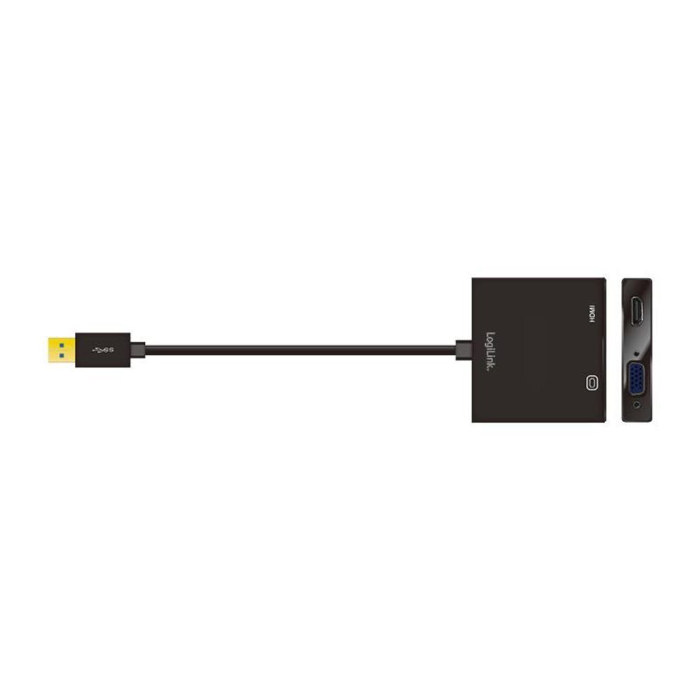 LogiLink USB3.0 auf VGA / HDMI Video-Adapter, USB-A/M zu HDMI-A/F + VGA/F, 1080p, schwarz, 0,15 m