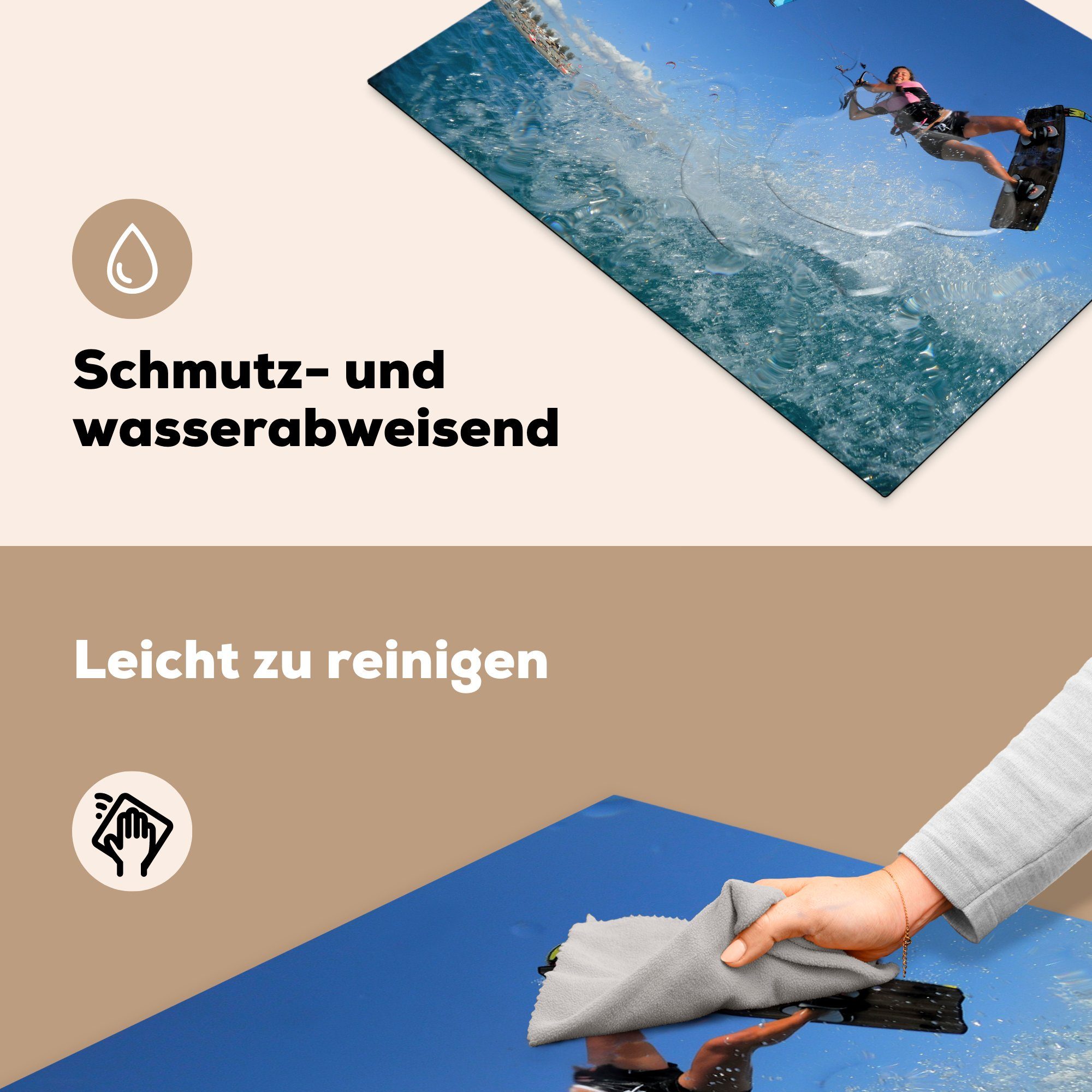 Arbeitsfläche MuchoWow die Mobile Wellen., Frau Ceranfeldabdeckung 70x52 cm, ihrem mit Kiteboard Herdblende-/Abdeckplatte über fliegt nutzbar, (1 Vinyl, tlg),