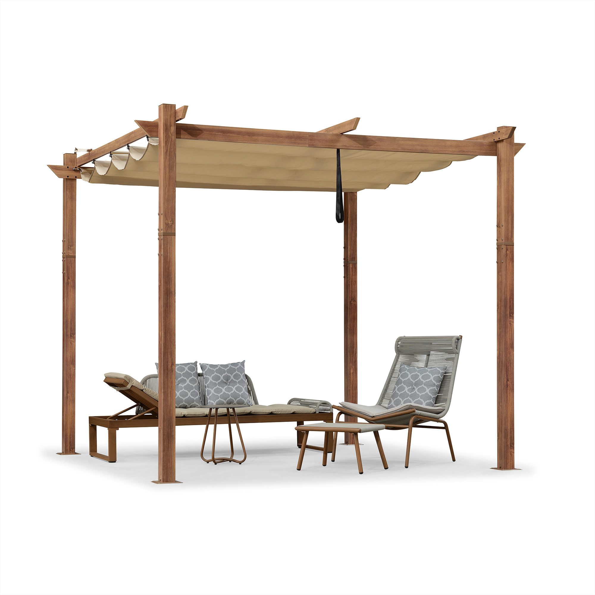 PURPLE LEAF Pergola Holzoptik Pavillon mit einziehbarem Dach, Alu Terrassenüberdachung, Gartenpavillon Stabil & Winterfest, Terrasse, Balkon