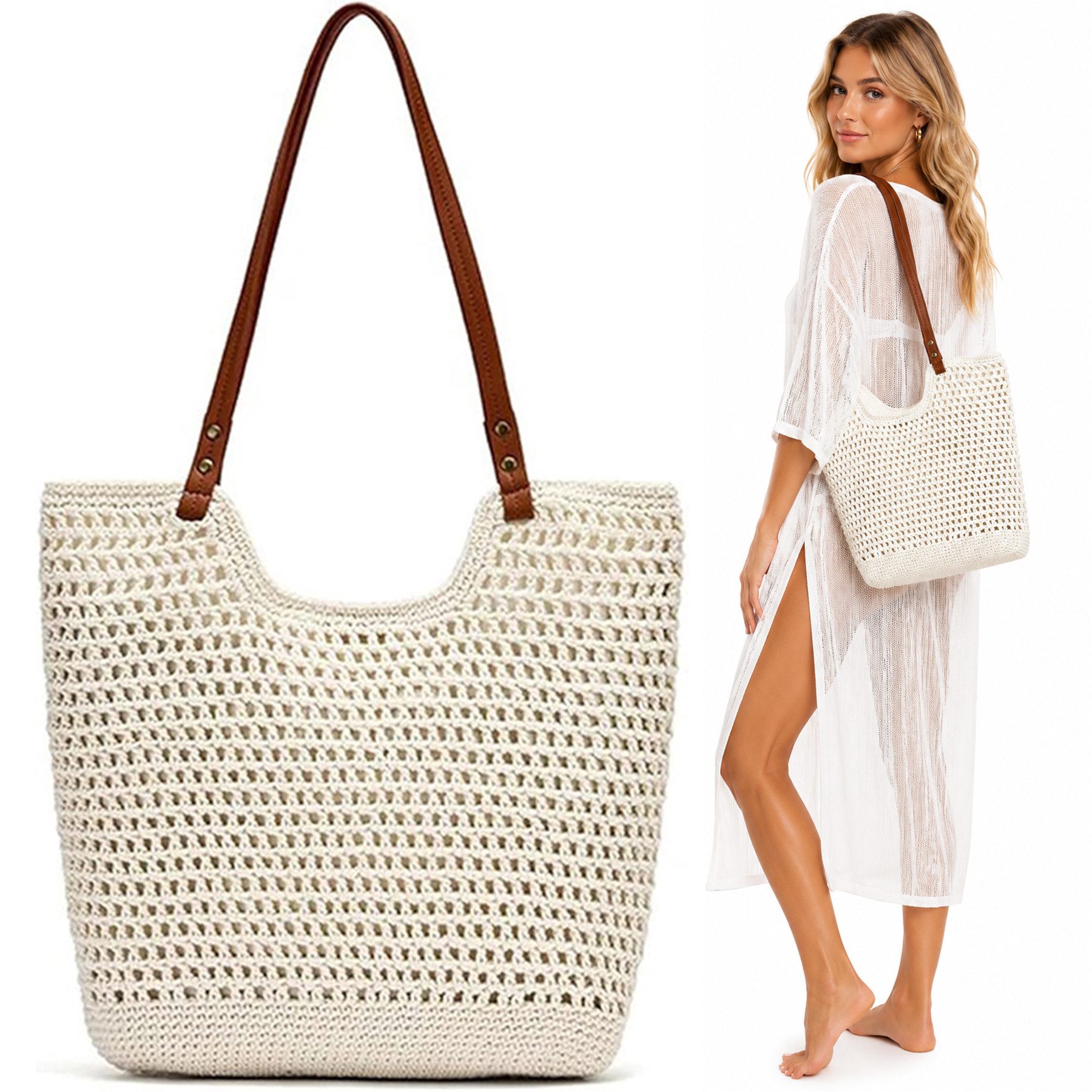 Mutig Strandtasche Sommer Strandtasche Damen Boho Häkeltasche Strand Mesh Tragetasche (Strohtasche Beach Handtasche Leicht Umhängetasche Vintage Sommertasche, Einkaufstasche Lässige, Reisetaschen Tasche, faltbar Hobo Taschen), für Reisen Einkaufen, Urlaub, Pendeln Strand Pool Fitnessstudio
