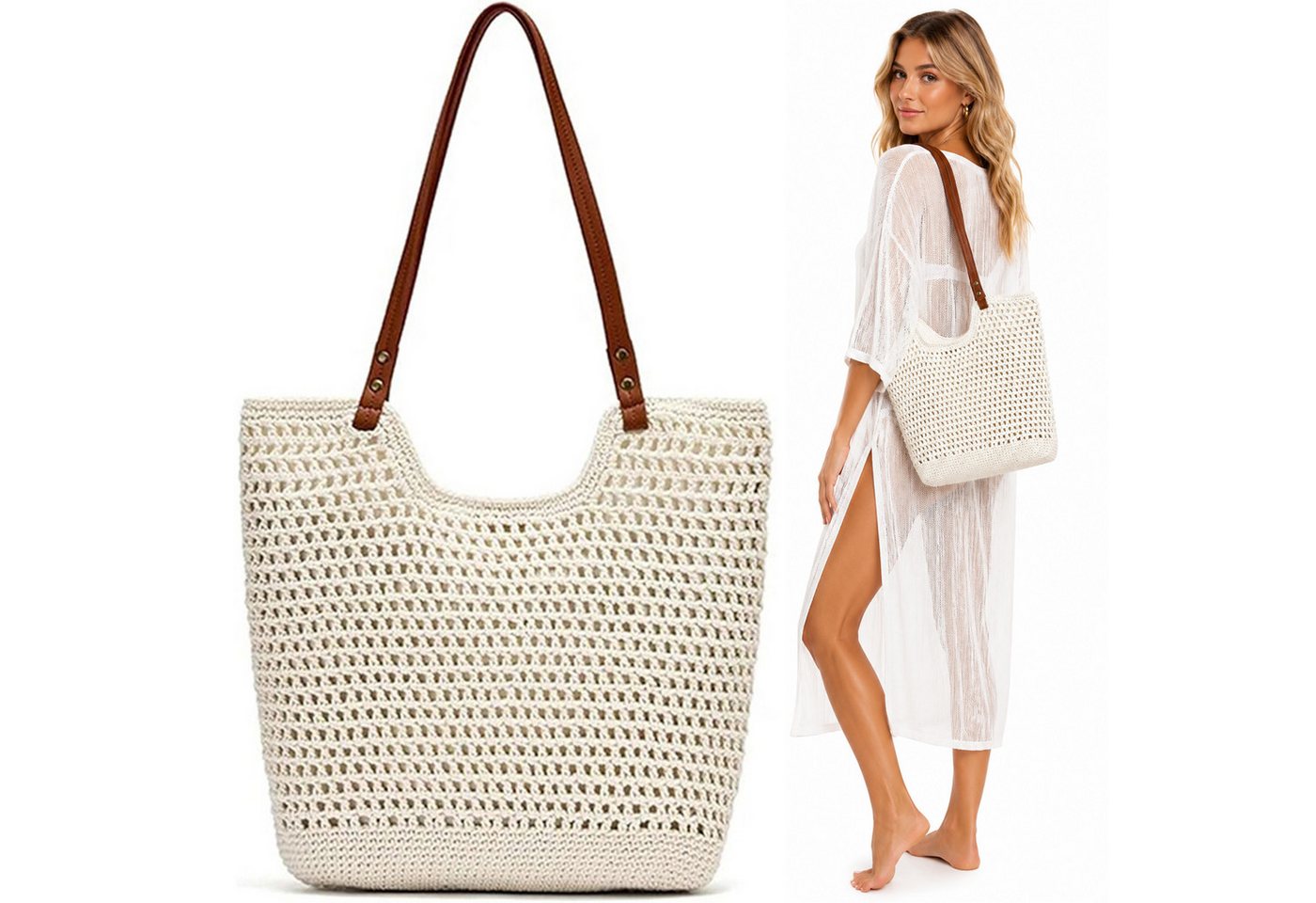 Mutig Strandtasche Sommer Strandtasche Damen Boho Häkeltasche Strand Mesh Tragetasche (Strohtasche Beach Handtasche Leicht Umhängetasche Vintage Sommertasche, Einkaufstasche Lässige, Reisetaschen Tasche, faltbar Hobo Taschen), für Reisen Einkaufen, Urlaub