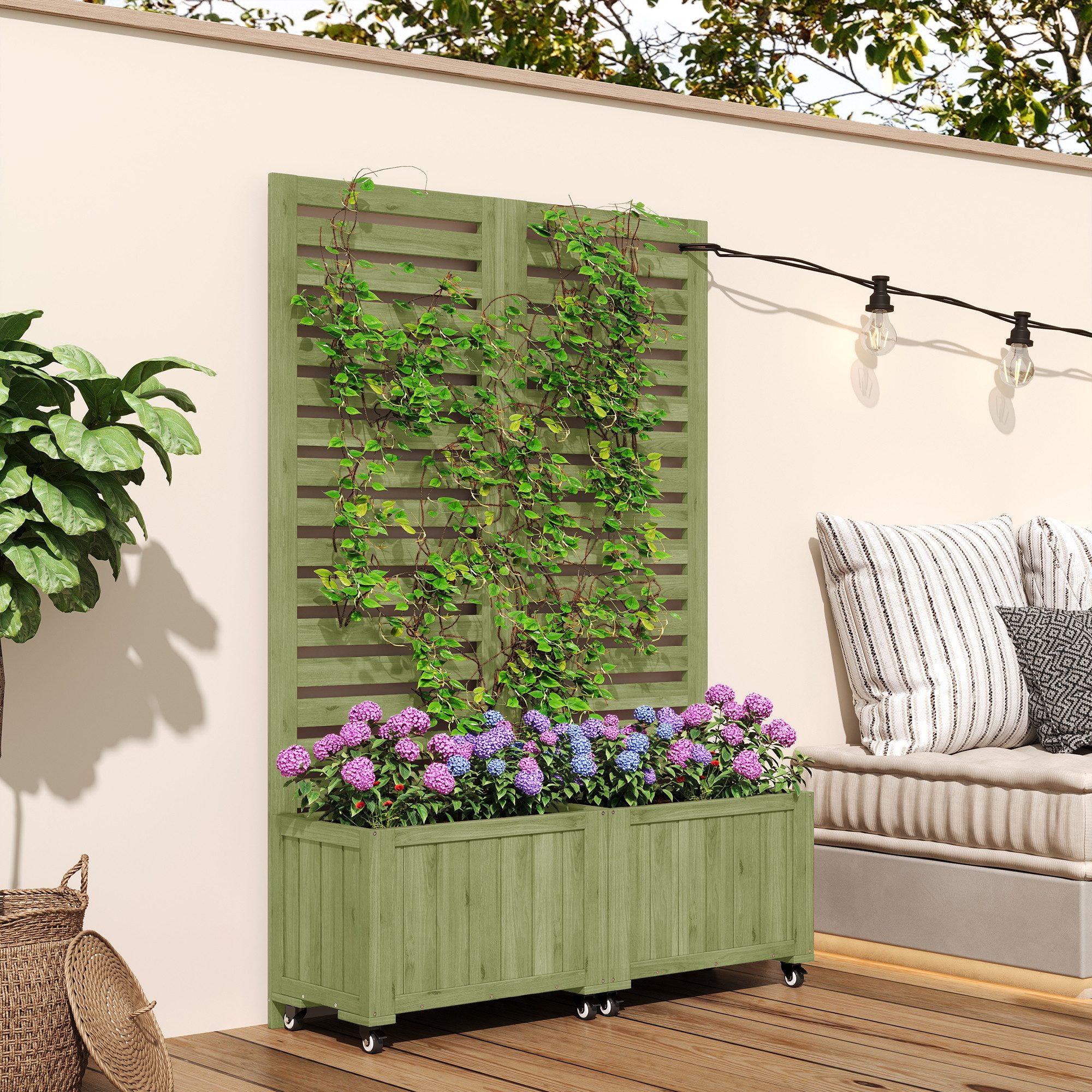 MODFU Blumenkasten Gartenspalier Set mit Pflanzkästen–Flexibles,Wetterbeständiges Design (Pflanzkübel, Outdoor Pflanzgefäß, Pflanzkasten, 1 St., für Blumen, Kräuter und Sträucher auf Terrasse, Balkon oder im Garten), 2 Tannenholz Pflanzkästen mit Rollen