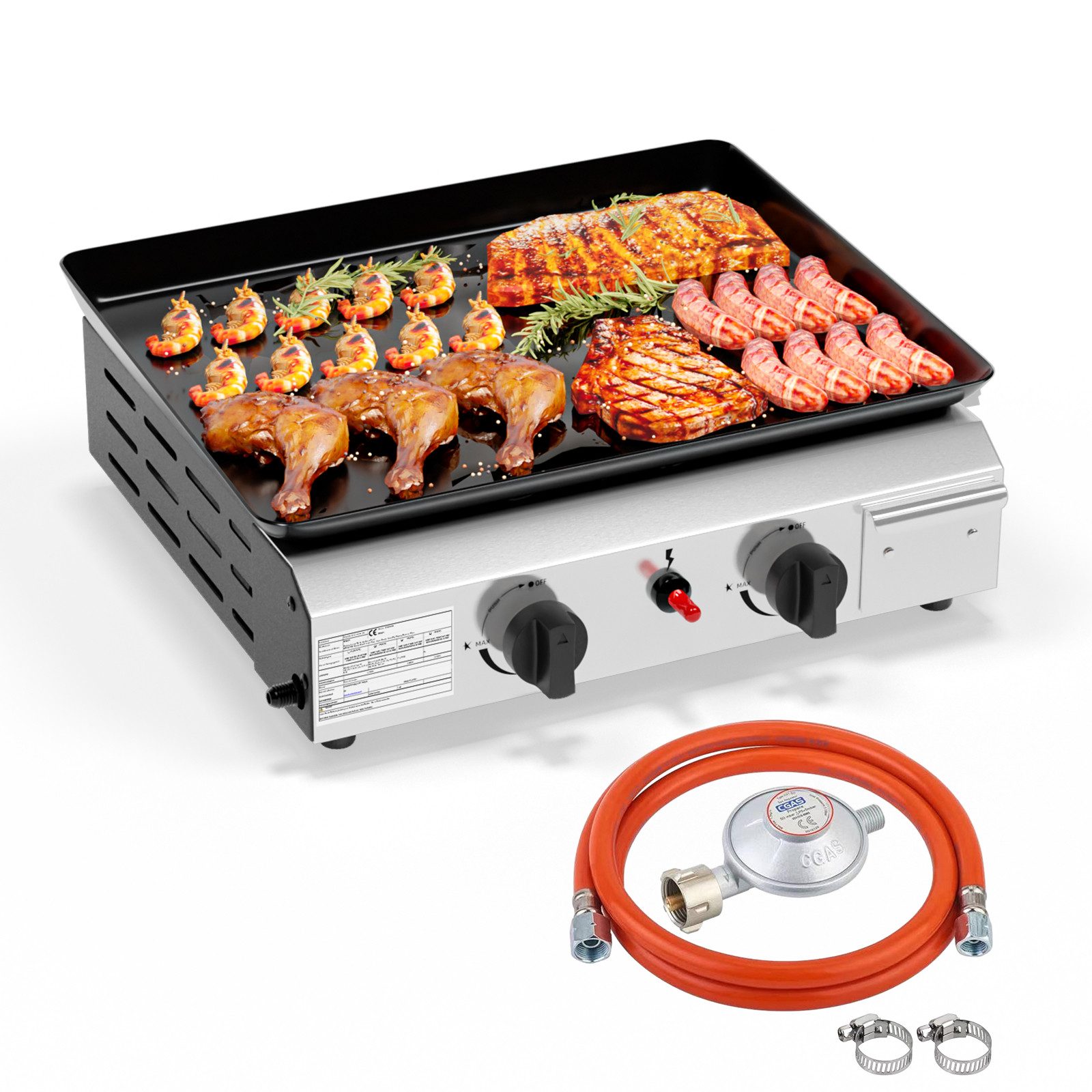 VINGLI Gasgrill Camping Tischgrill Campinggrill aus Edelstahl, Gasregler & Schlauch, 4 Brennern, 9,6 kW emaillierter Grillfläche & Ölauffang-System
